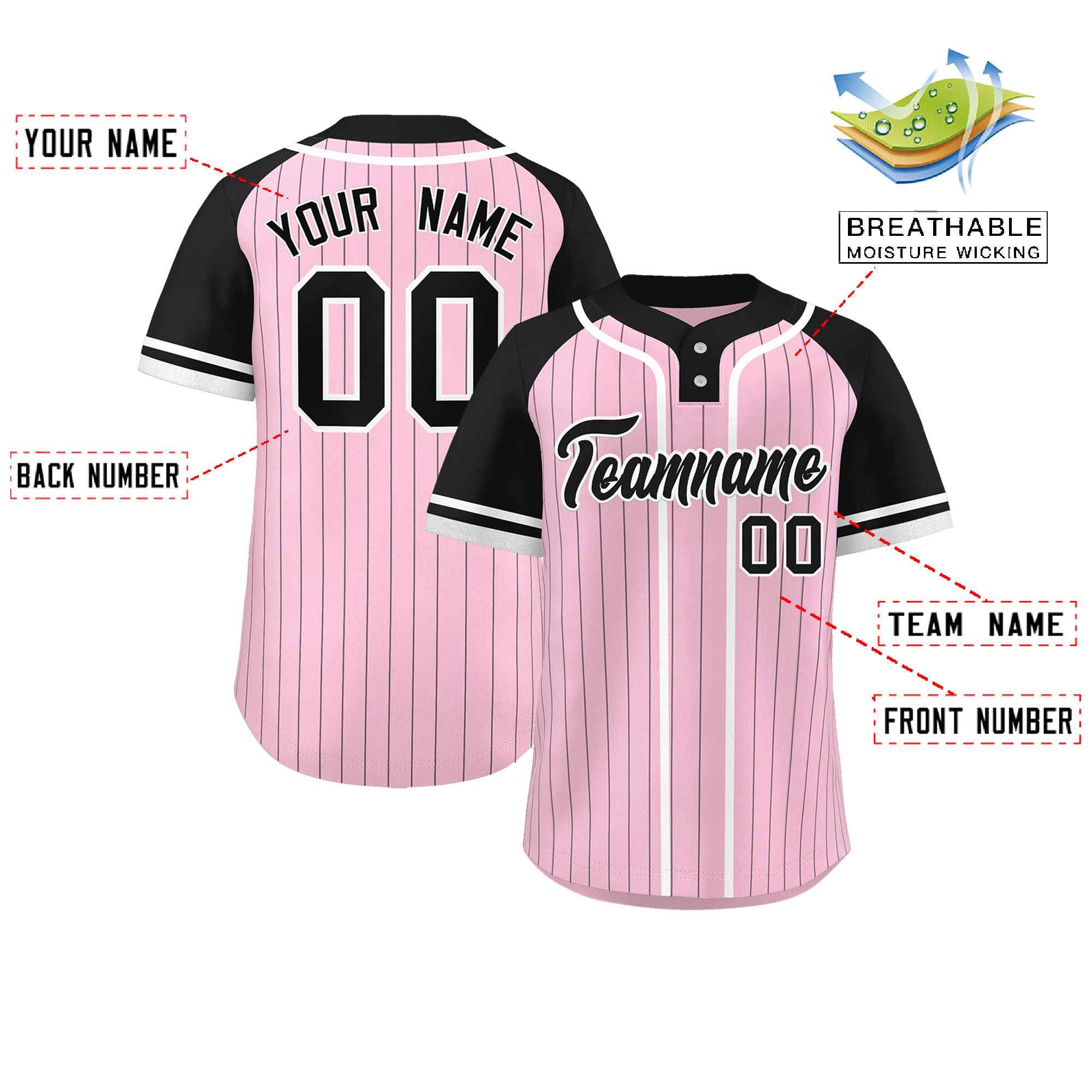 Custom Light Pink Black-White Stripe Fashion Raglan Sleeves Authentic Two-Button Baseball Jersey