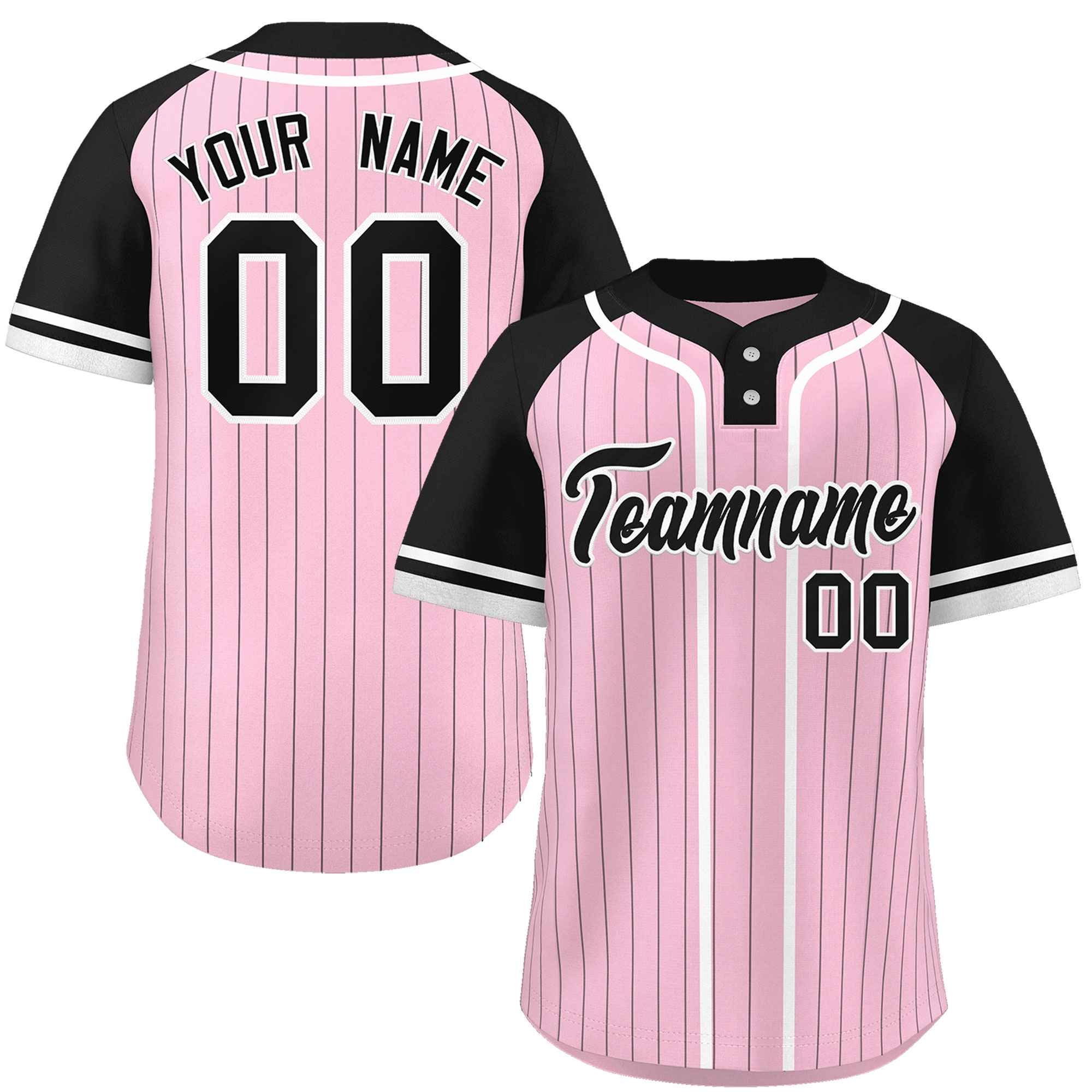 Custom Light Pink Black-White Stripe Fashion Raglan Sleeves Authentic Two-Button Baseball Jersey