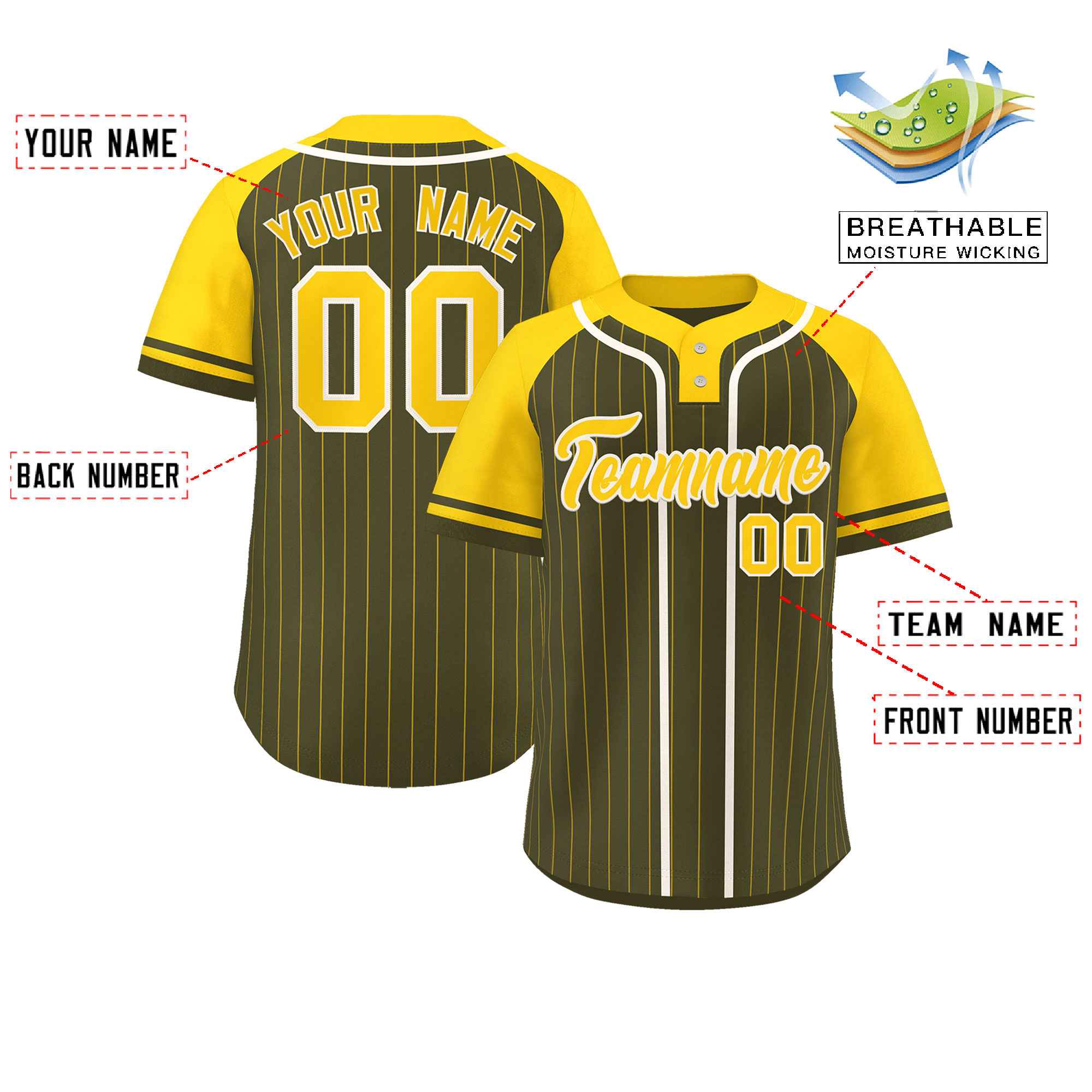 Custom Olive Gold-White Stripe Fashion Raglan Sleeves Authentic Two-Button Baseball Jersey