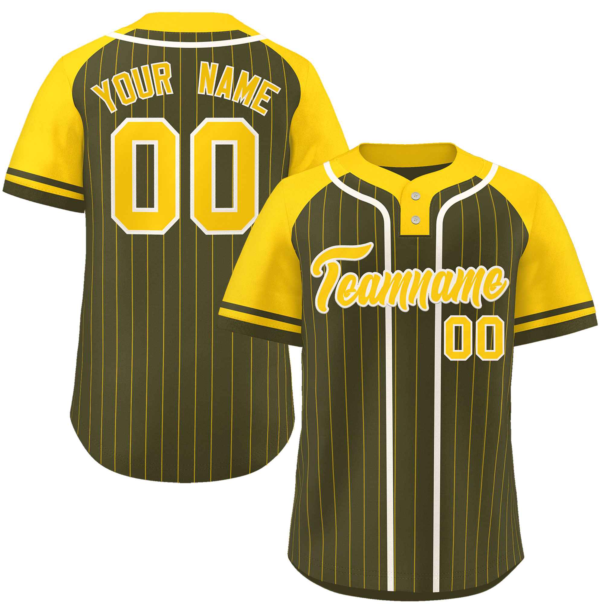 Custom Olive Gold-White Stripe Fashion Raglan Sleeves Authentic Two-Button Baseball Jersey