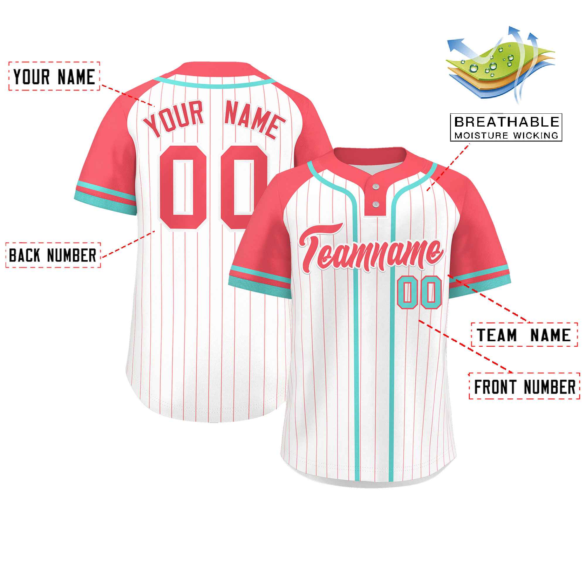 Custom White Light Red-Aqua Stripe Fashion Raglan Sleeves Authentic Two-Button Baseball Jersey