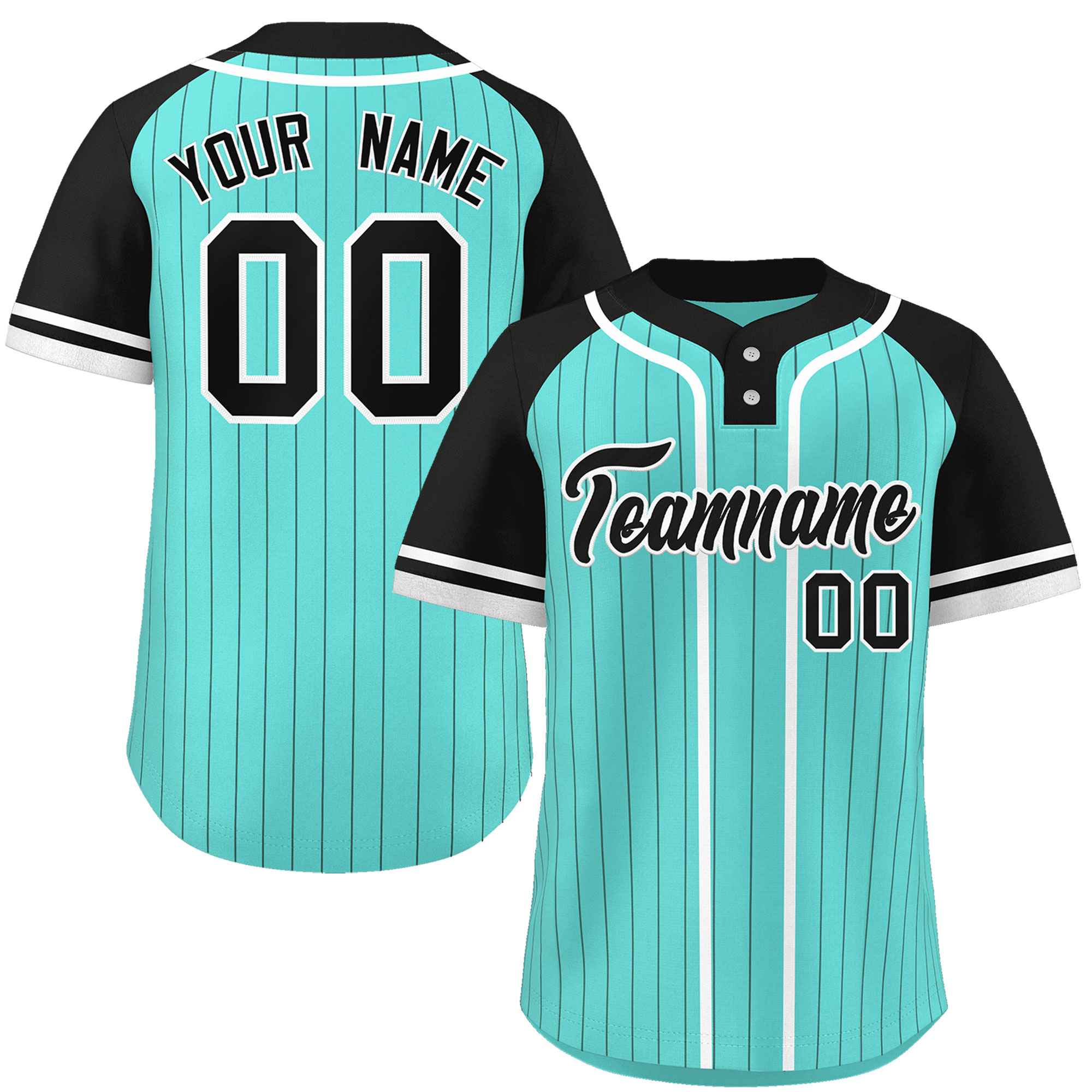 Custom Aqua Black-White Stripe Fashion Raglan Sleeves Authentic Two-Button Baseball Jersey