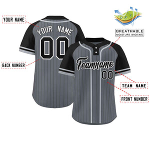 Custom Dark Gray Black-Gray Stripe Fashion Raglan Sleeves Authentic Two-Button Baseball Jersey