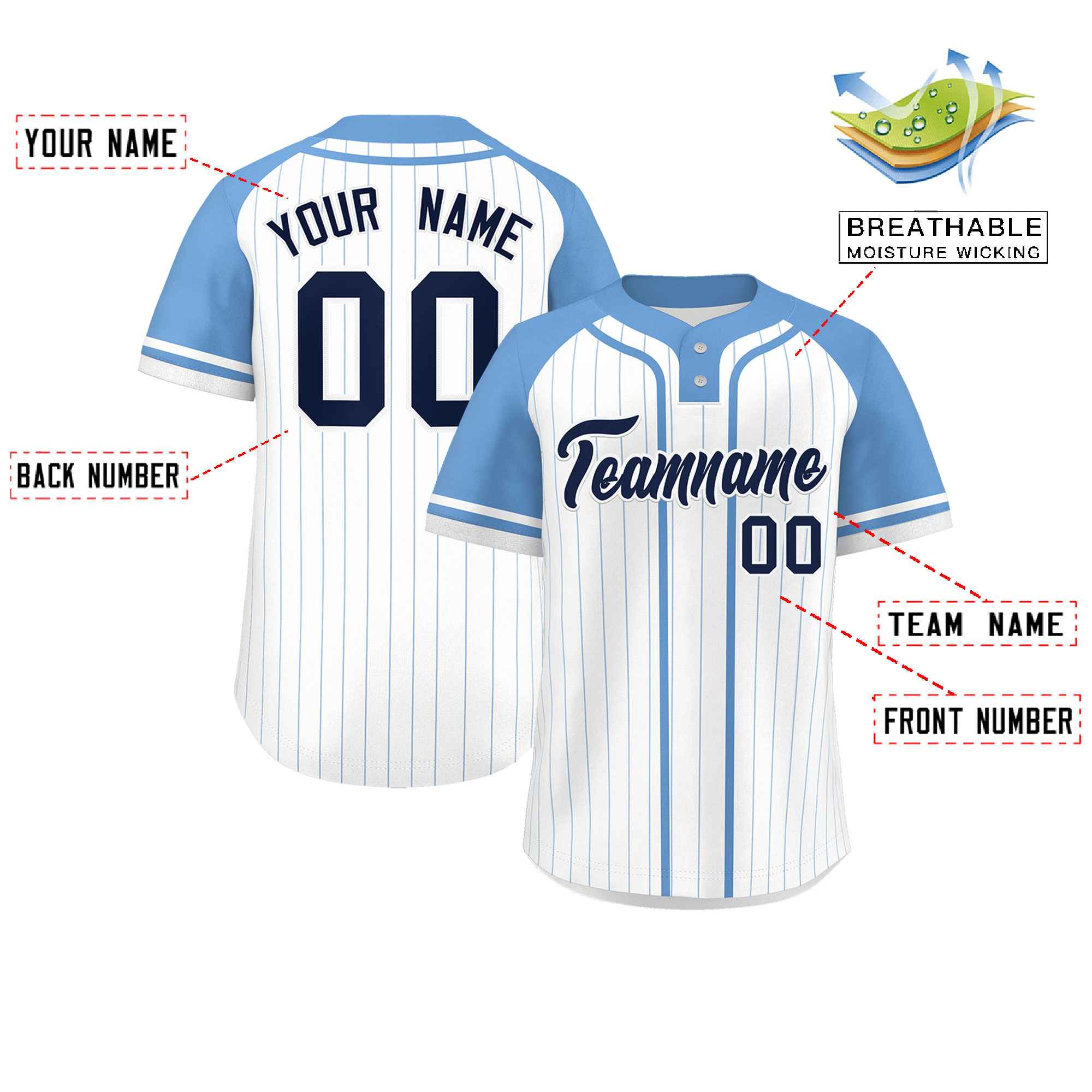 Custom White Light Blue Stripe Fashion Raglan Sleeves Authentic Two-Button Baseball Jersey