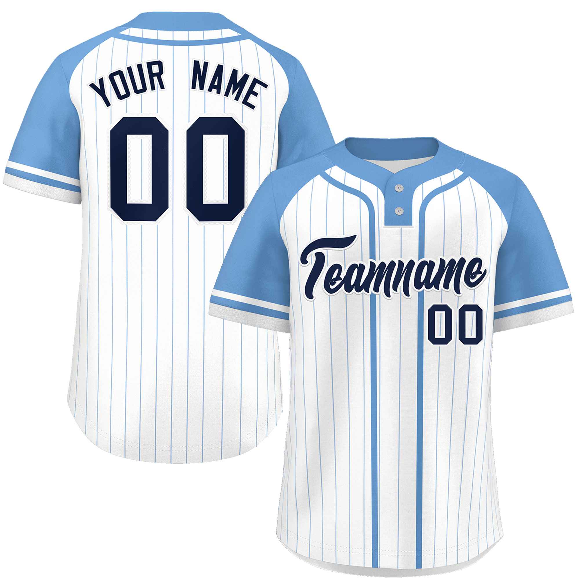 Custom White Light Blue Stripe Fashion Raglan Sleeves Authentic Two-Button Baseball Jersey