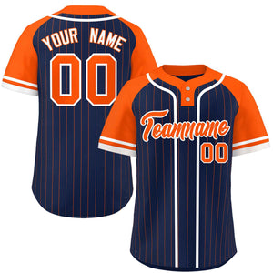 Custom Navy Orange-White Stripe Fashion Raglan Sleeves Authentic Two-Button Baseball Jersey