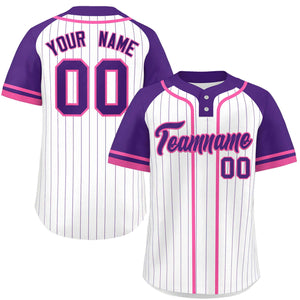 Custom White Purple-Pink Stripe Fashion Raglan Sleeves Authentic Two-Button Baseball Jersey