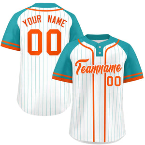 Custom White Aqua-Orange Stripe Fashion Raglan Sleeves Authentic Two-Button Baseball Jersey