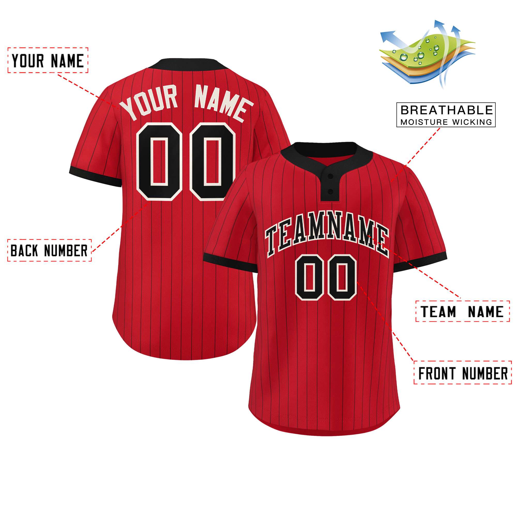 Custom Red Black Stripe Fashion Authentic Two-Button Baseball Jersey