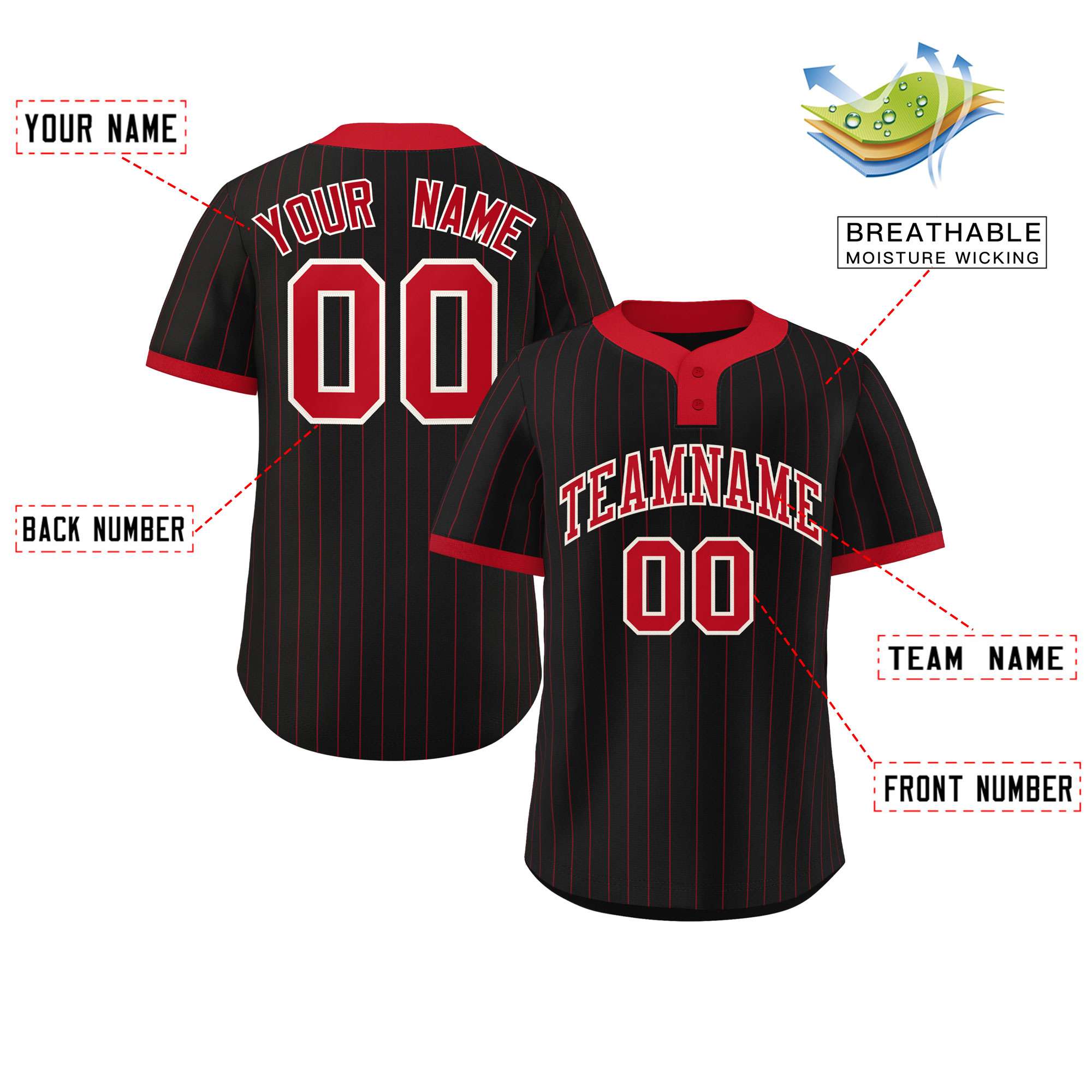 Custom Black Red Stripe Fashion Authentic Two-Button Baseball Jersey