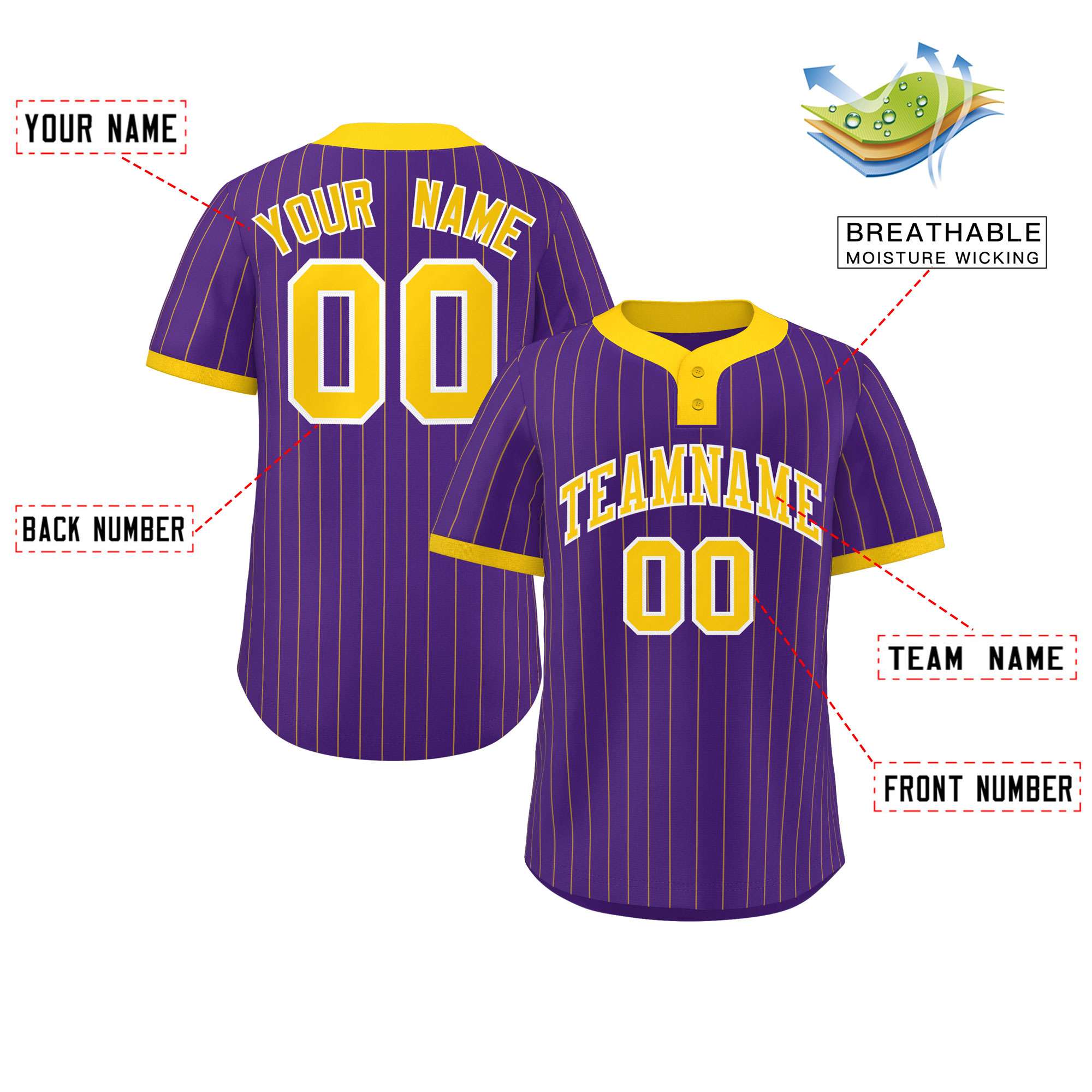 Custom Purple Gold Stripe Fashion Authentic Two-Button Baseball Jersey