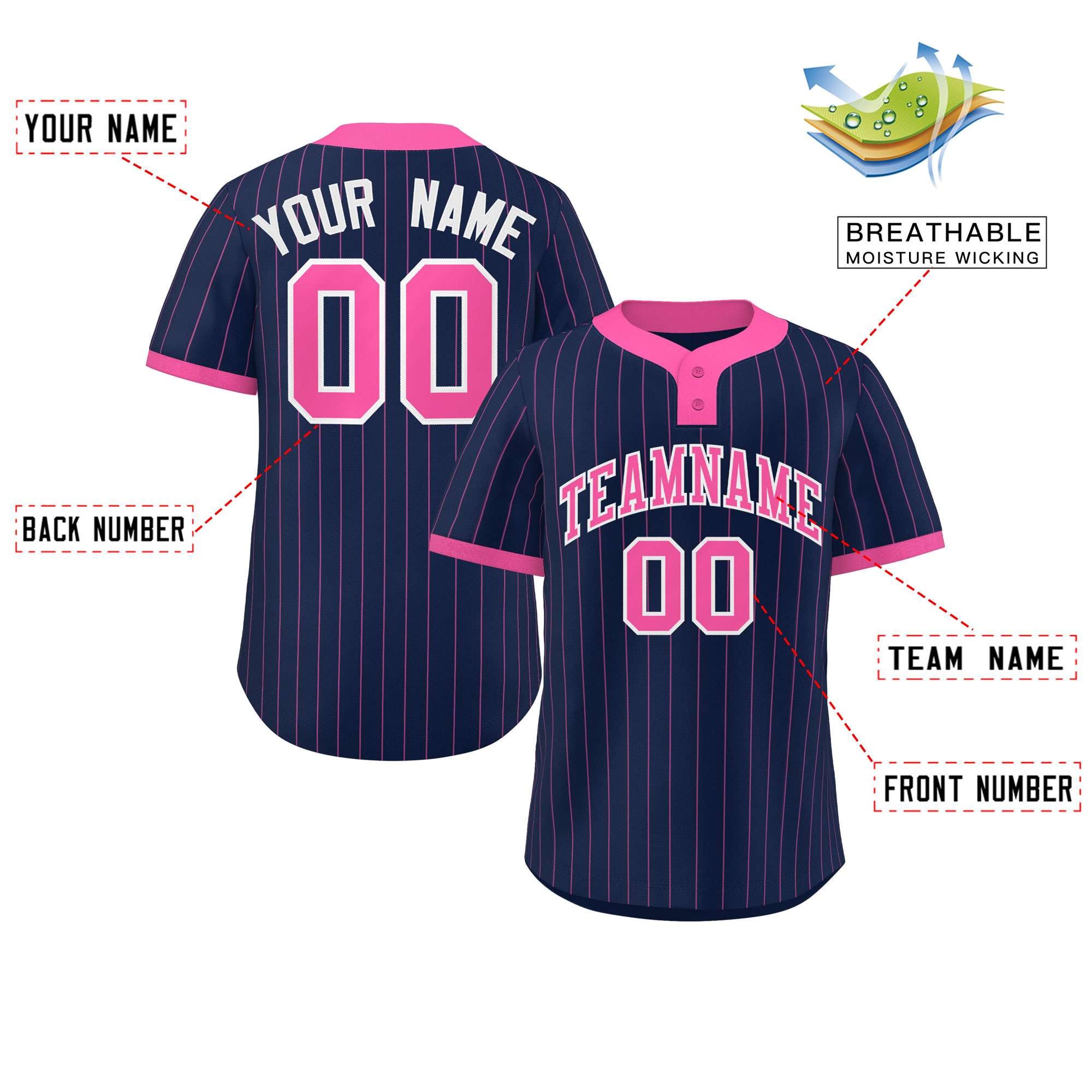 Custom Navy Pink Stripe Fashion Authentic Two-Button Baseball Jersey