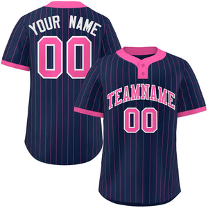 Custom Navy Pink Stripe Fashion Authentic Two-Button Baseball Jersey