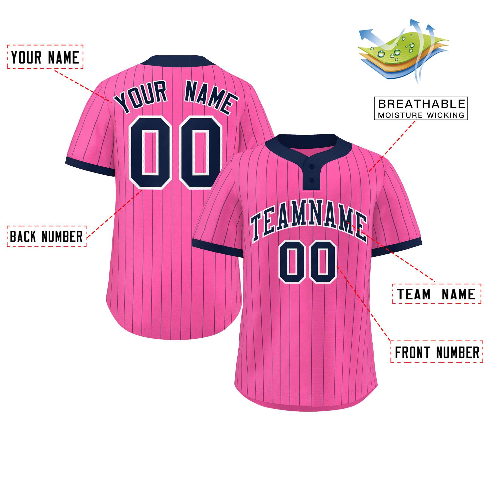 Custom Pink Navy Stripe Fashion Authentic Two-Button Baseball Jersey