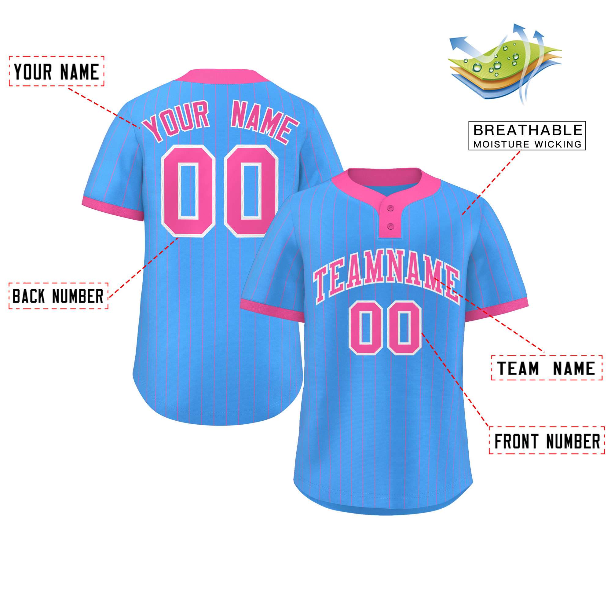 Custom Powder Blue Pink Stripe Fashion Authentic Two-Button Baseball Jersey