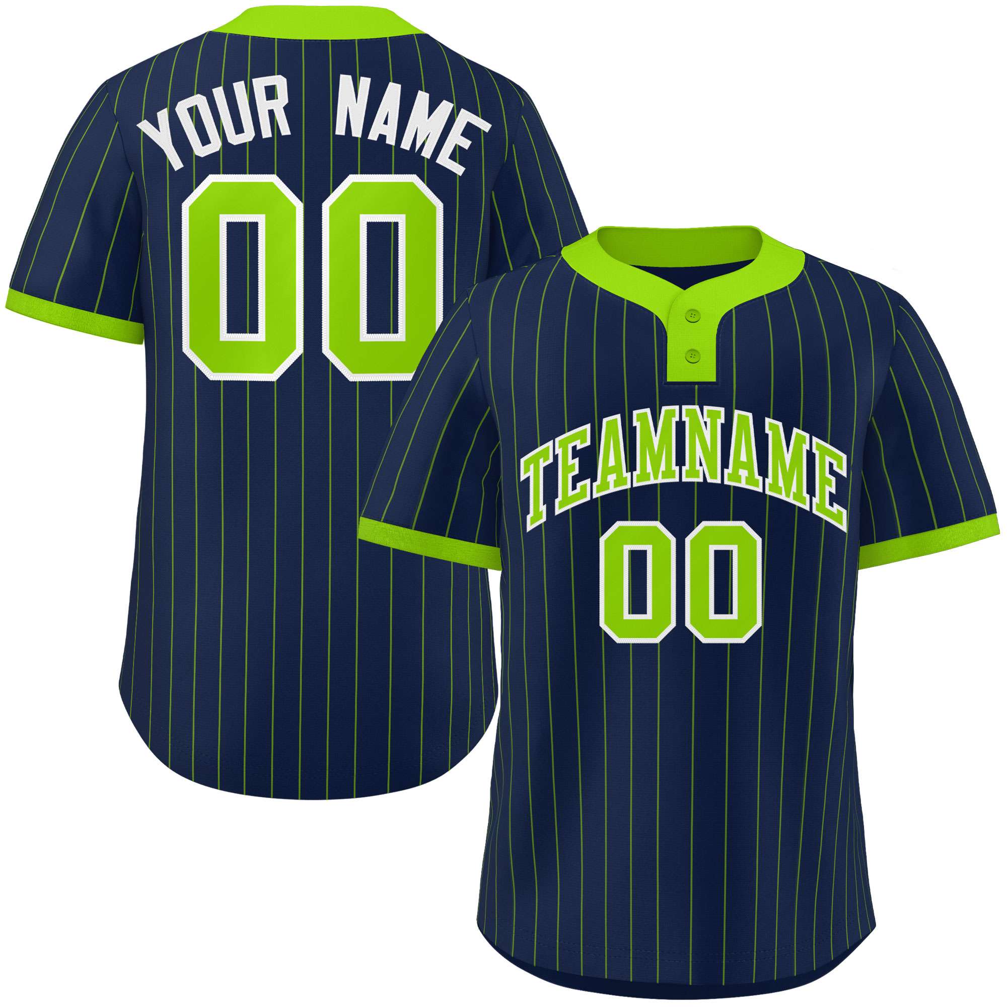 Custom Navy Neon Green Stripe Fashion Authentic Two-Button Baseball Jersey