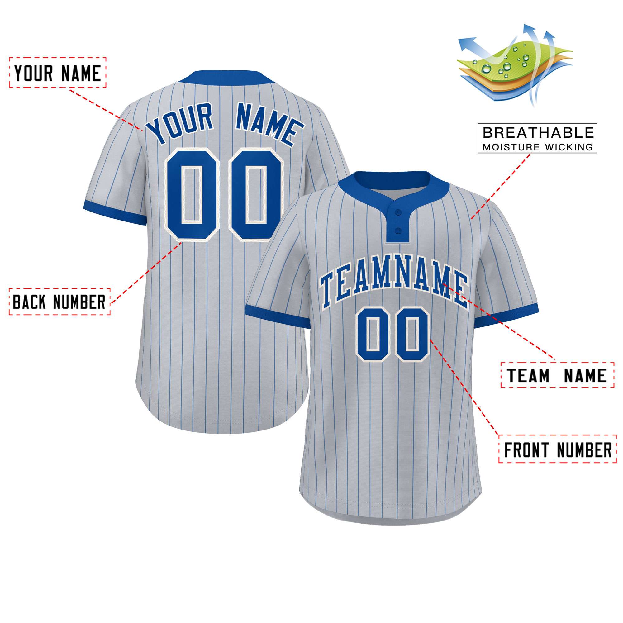 Custom Gray Royal Stripe Fashion Authentic Two-Button Baseball Jersey