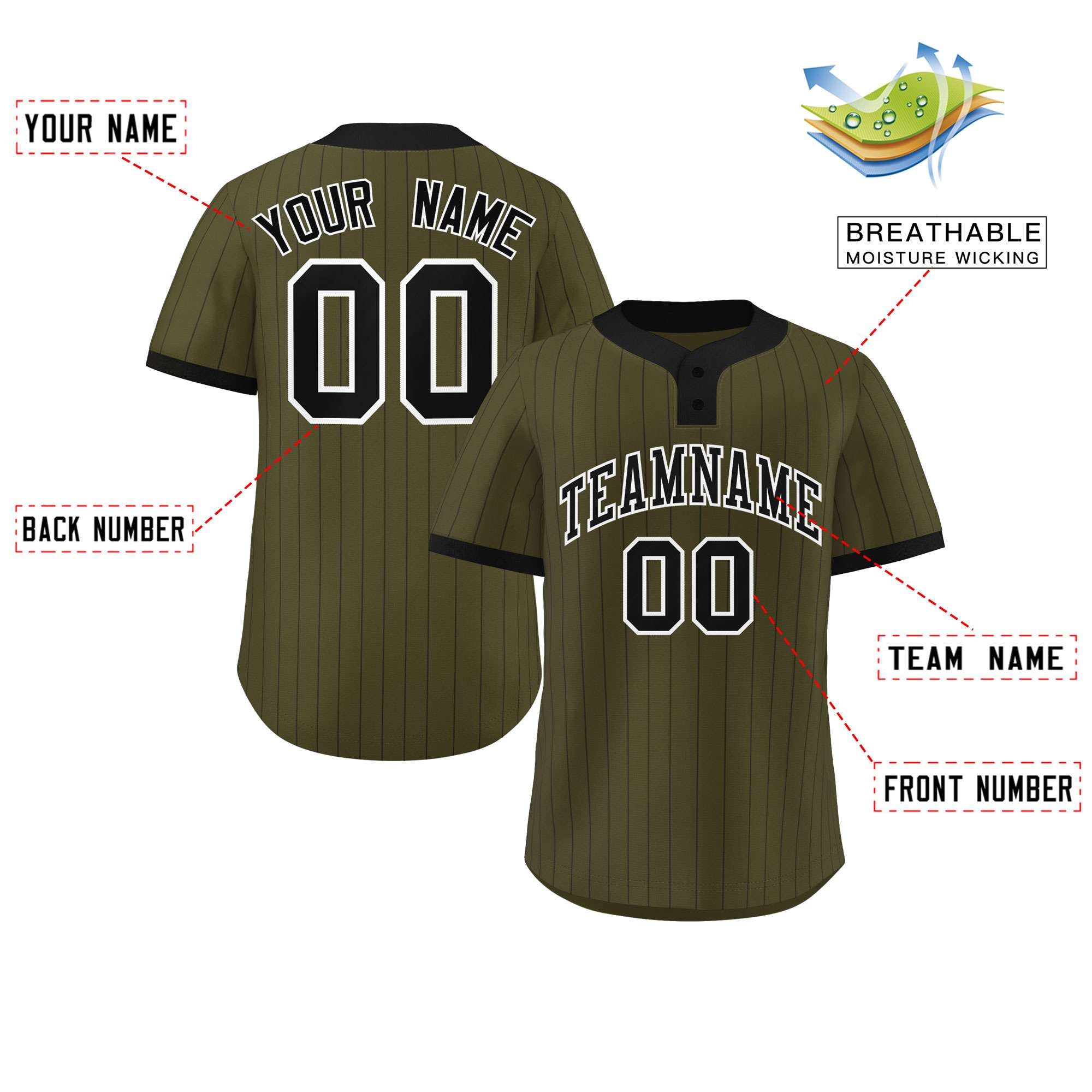 Custom Olive Black Stripe Fashion Authentic Two-Button Baseball Jersey