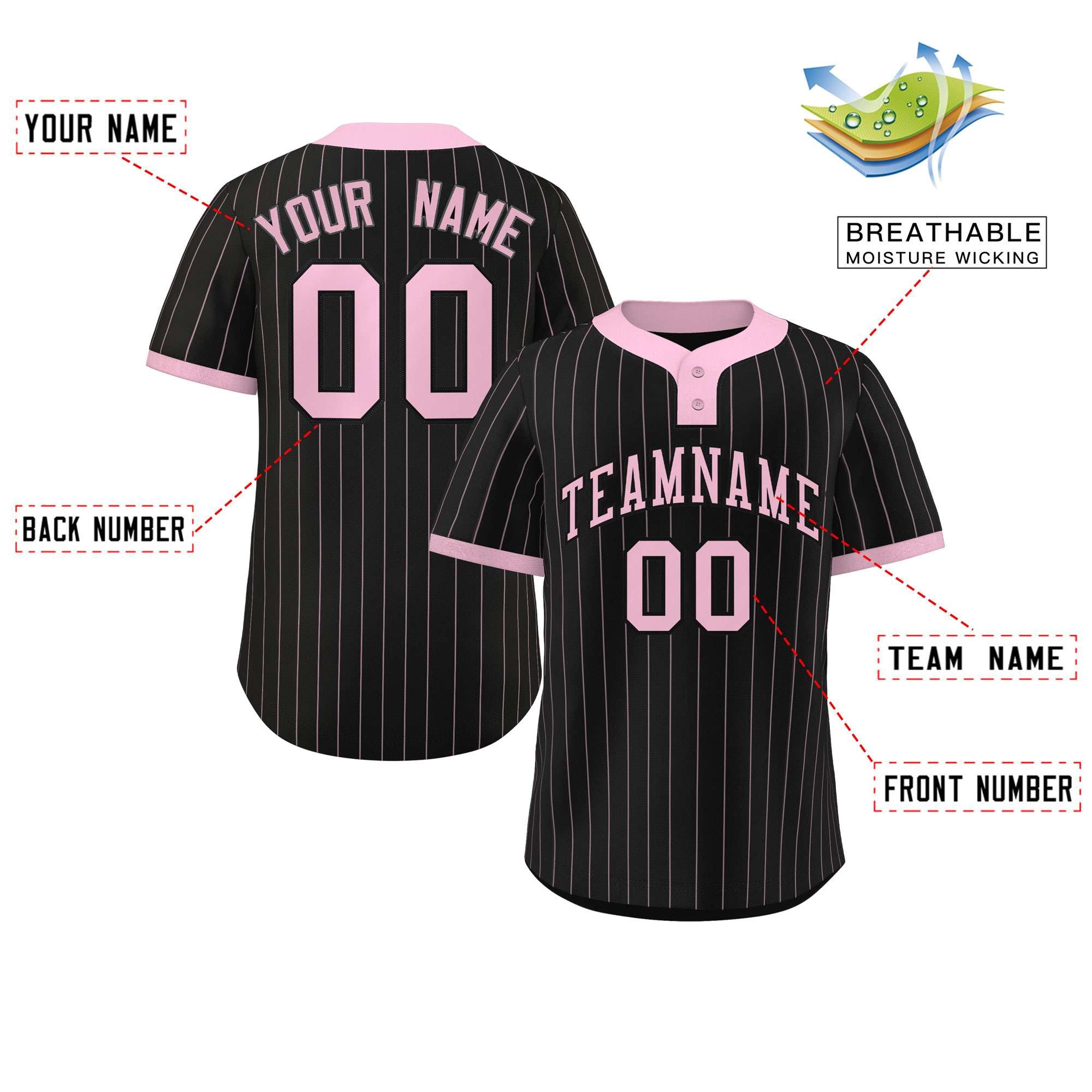 Custom Black Light Pink Stripe Fashion Authentic Two-Button Baseball Jersey