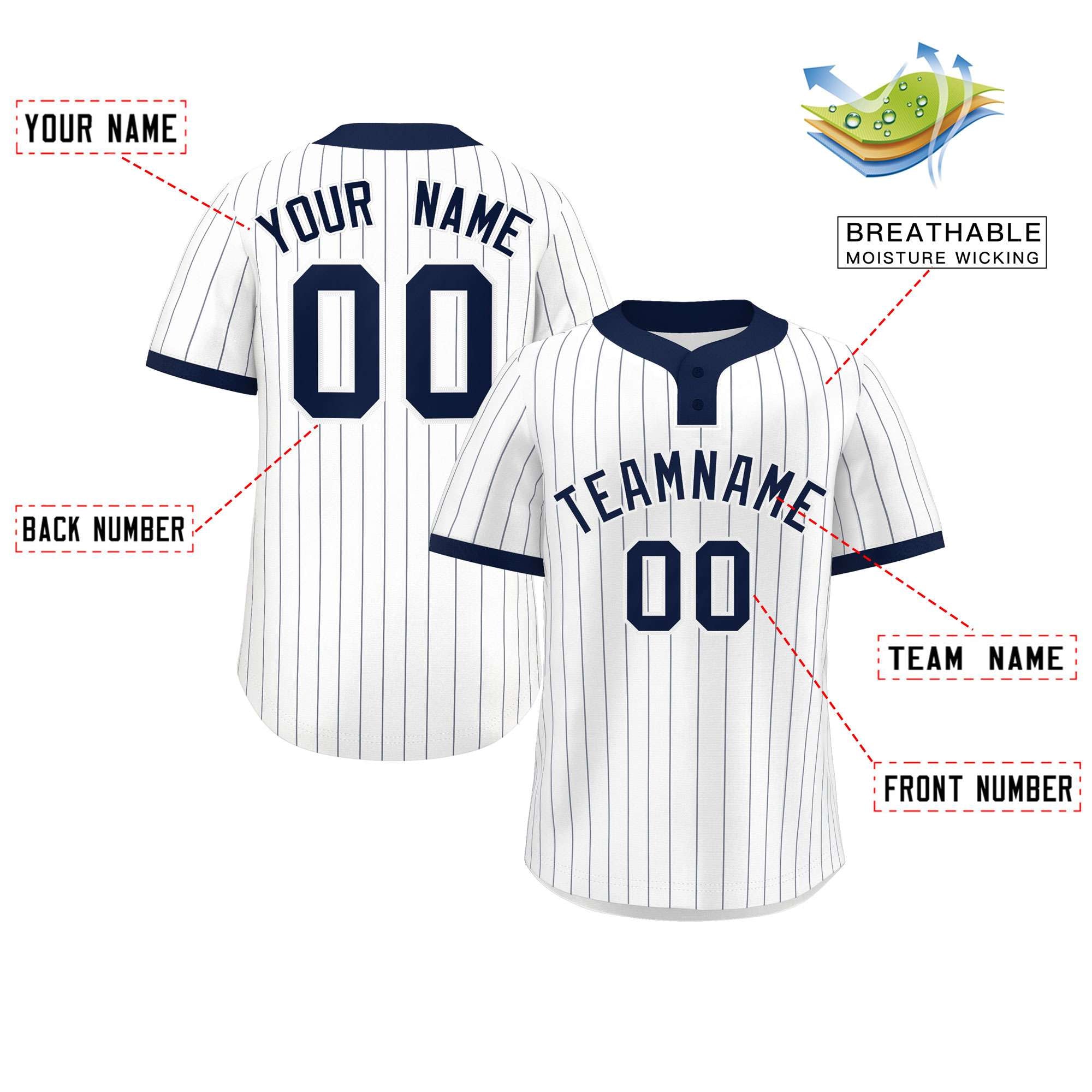 Custom White Navy Stripe Fashion Authentic Two-Button Baseball Jersey