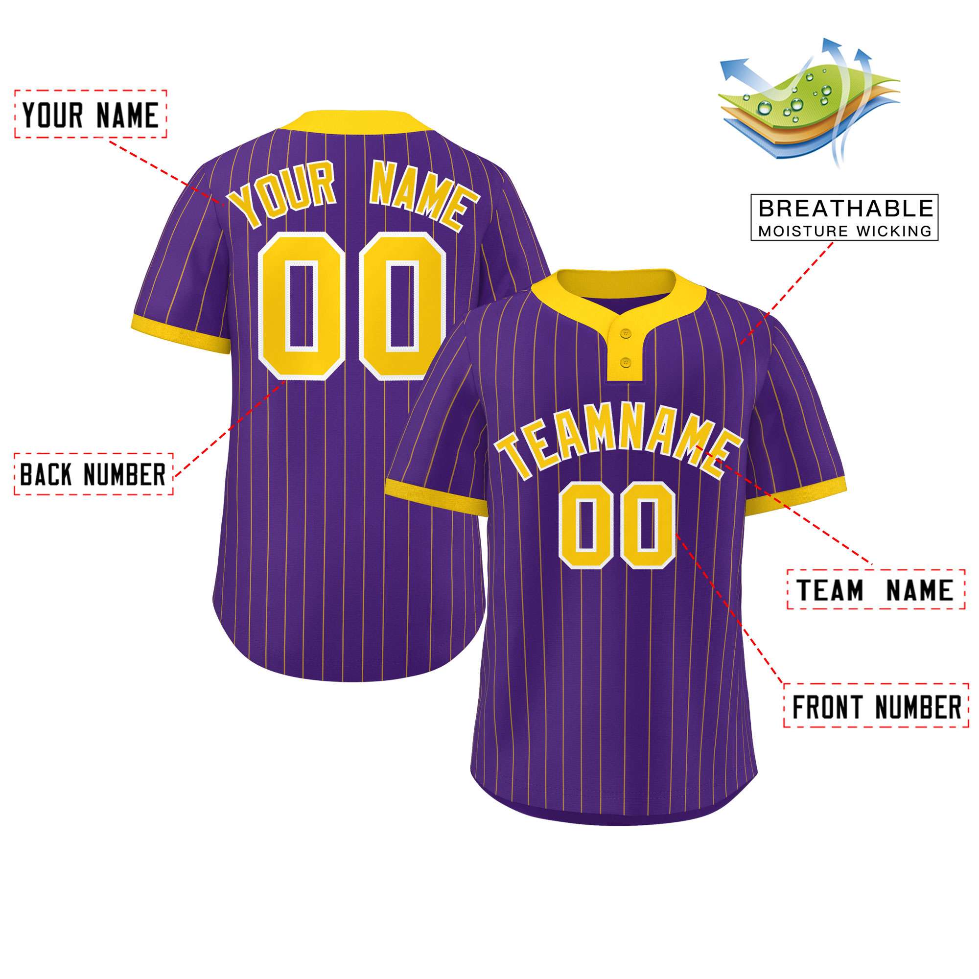 Custom Purple Gold Stripe Fashion Authentic Two-Button Baseball Jersey