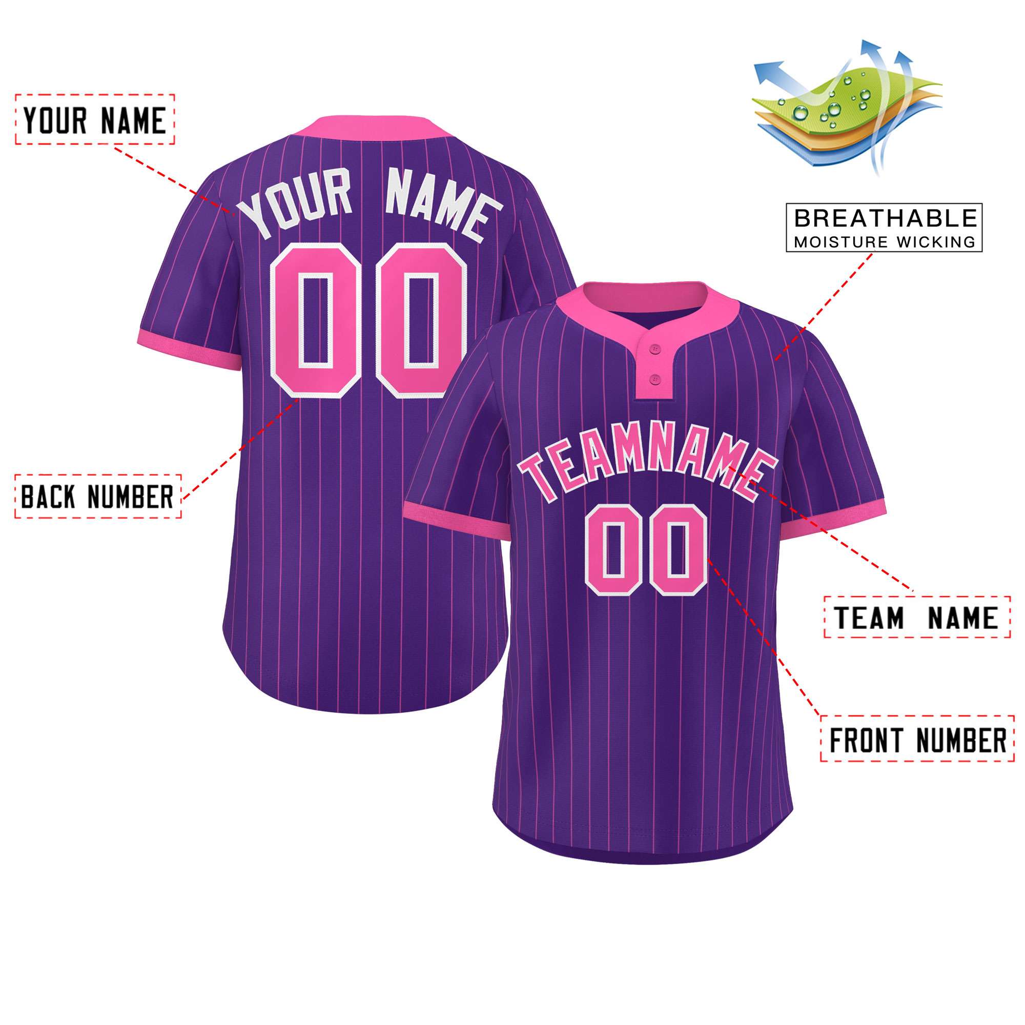 Custom Purple Pink Stripe Fashion Authentic Two-Button Baseball Jersey