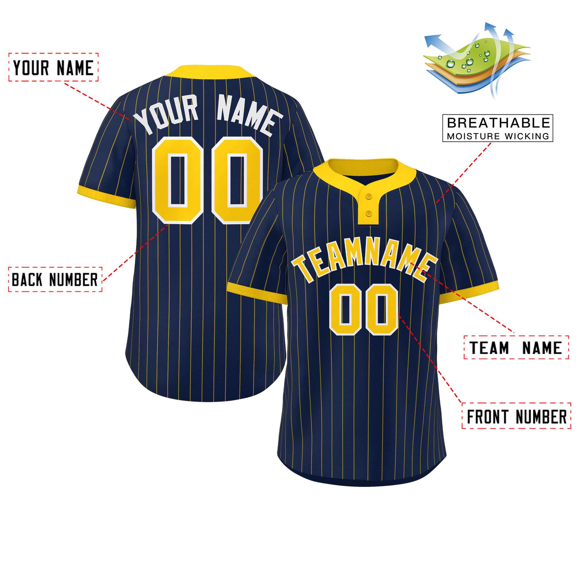 Custom Navy Gold Stripe Fashion Authentic Two-Button Baseball Jersey