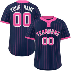 Custom Navy Pink Stripe Fashion Authentic Two-Button Baseball Jersey