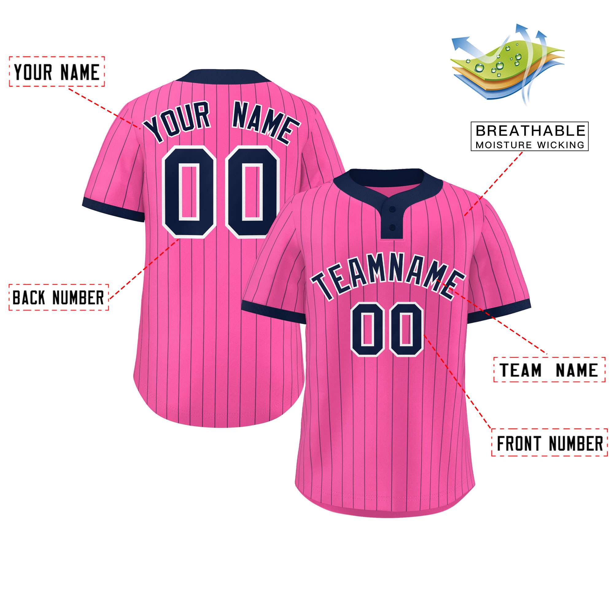 Custom Pink Navy Stripe Fashion Authentic Two-Button Baseball Jersey