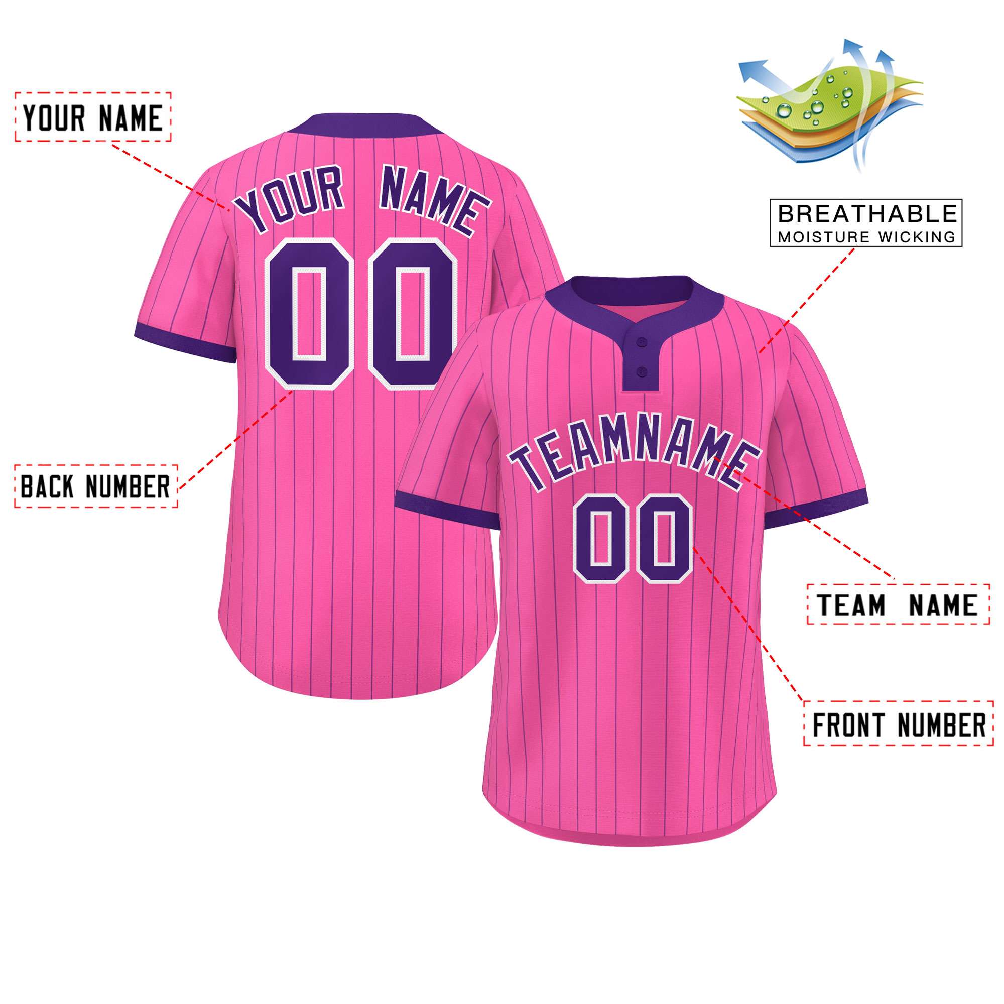 Custom Pink Purple Stripe Fashion Authentic Two-Button Baseball Jersey