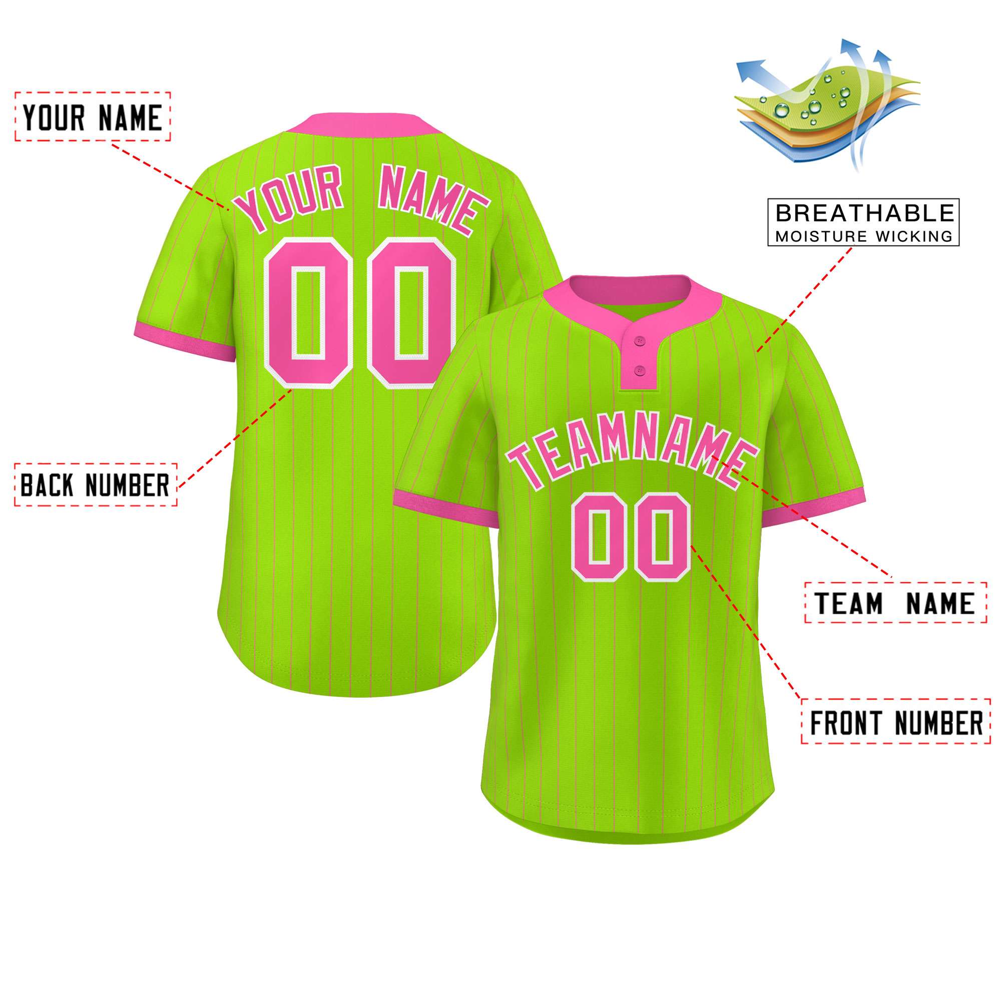 Custom Neon Green Pink Stripe Fashion Authentic Two-Button Baseball Jersey