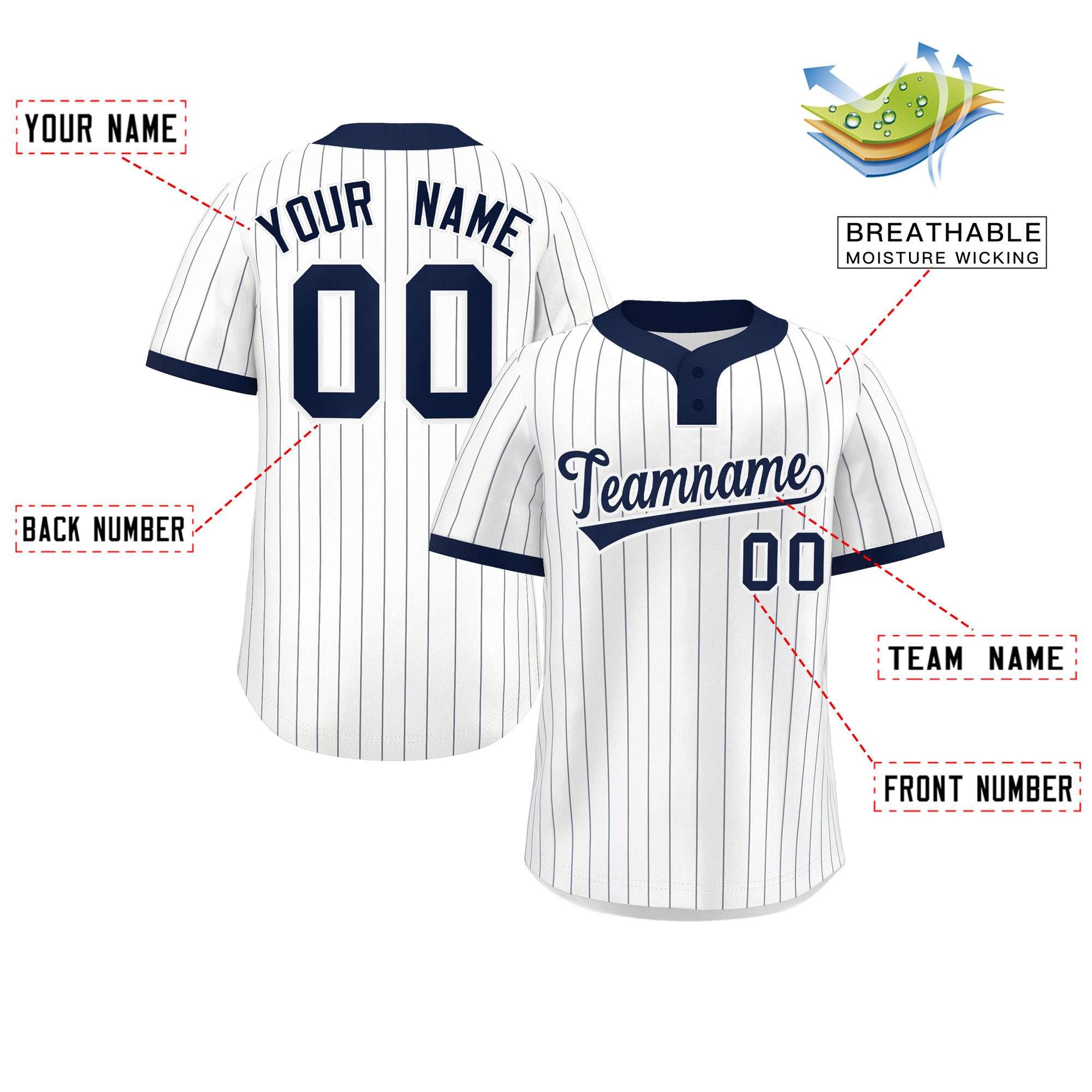 Custom White Navy Stripe Fashion Authentic Two-Button Baseball Jersey