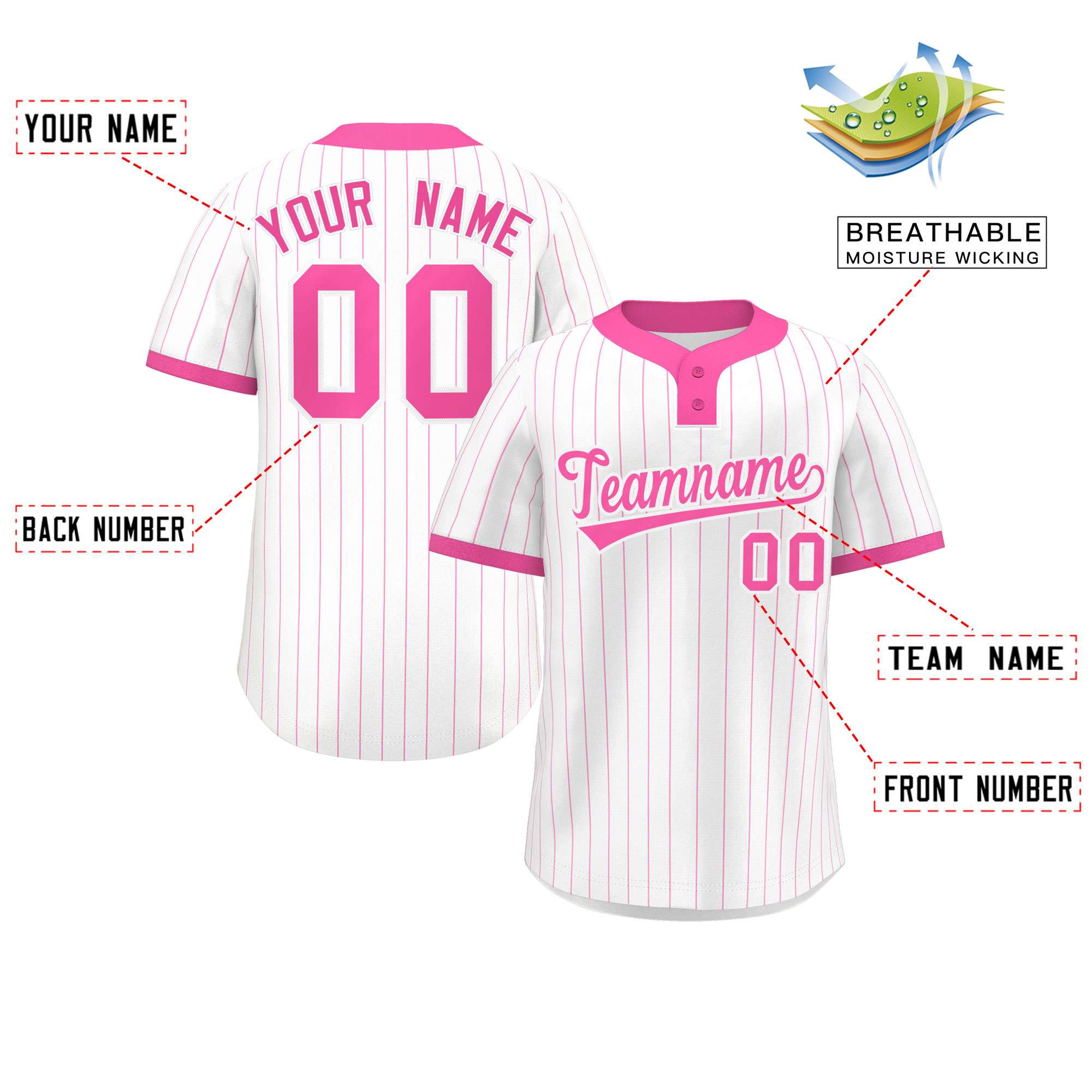 Custom White Pink Stripe Fashion Authentic Two-Button Baseball Jersey