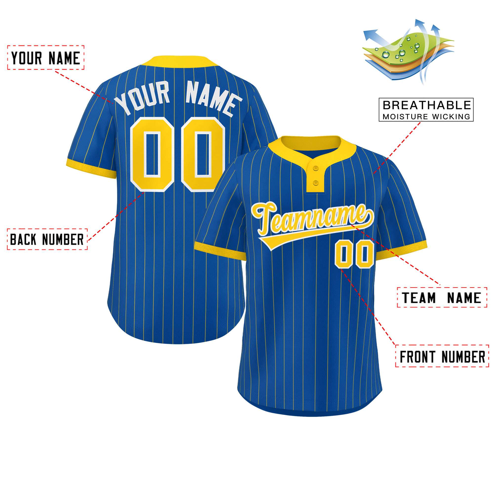 Custom Royal Gold Stripe Fashion Authentic Two-Button Baseball Jersey