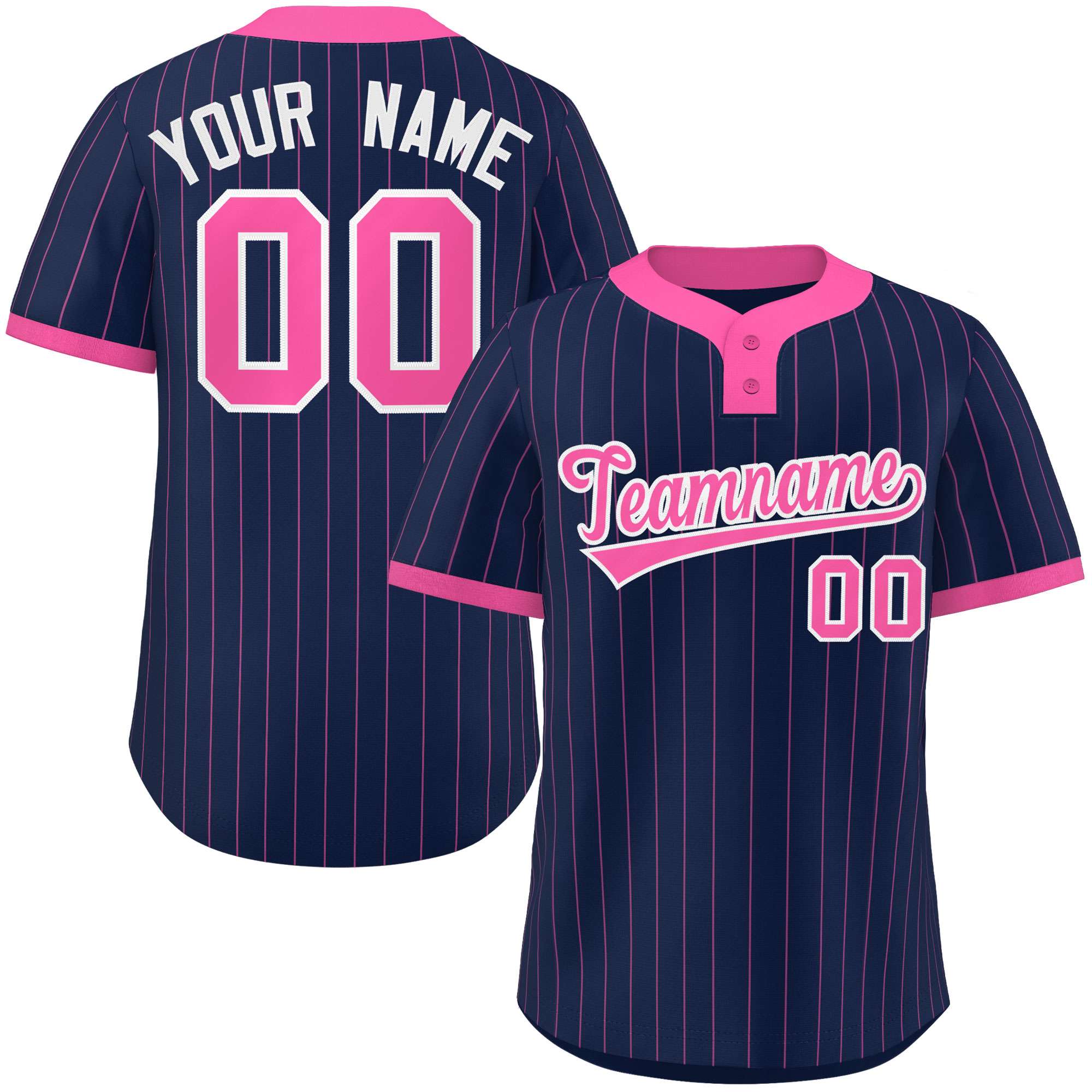 Custom Navy Pink Stripe Fashion Authentic Two-Button Baseball Jersey