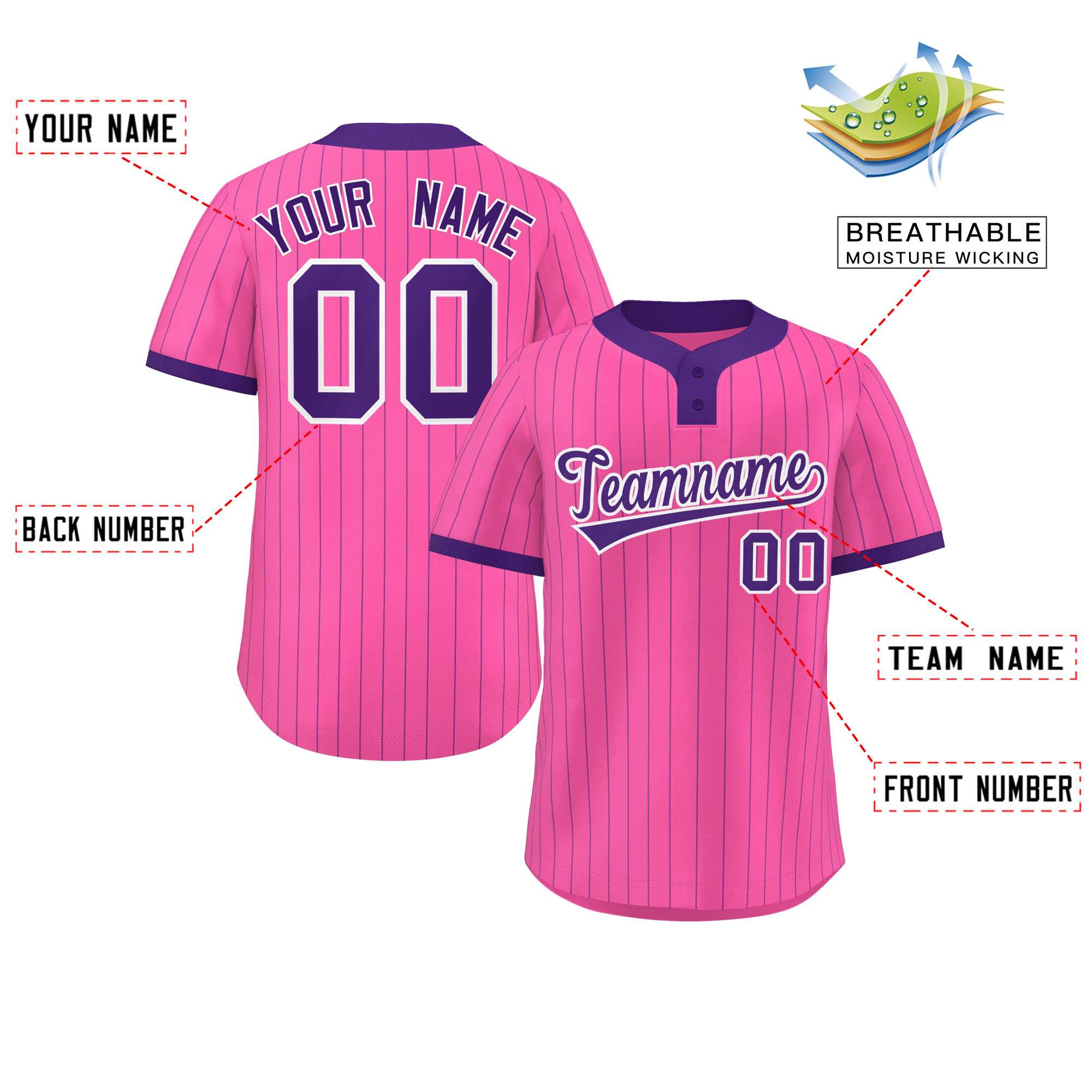 Custom Pink Purple Stripe Fashion Authentic Two-Button Baseball Jersey