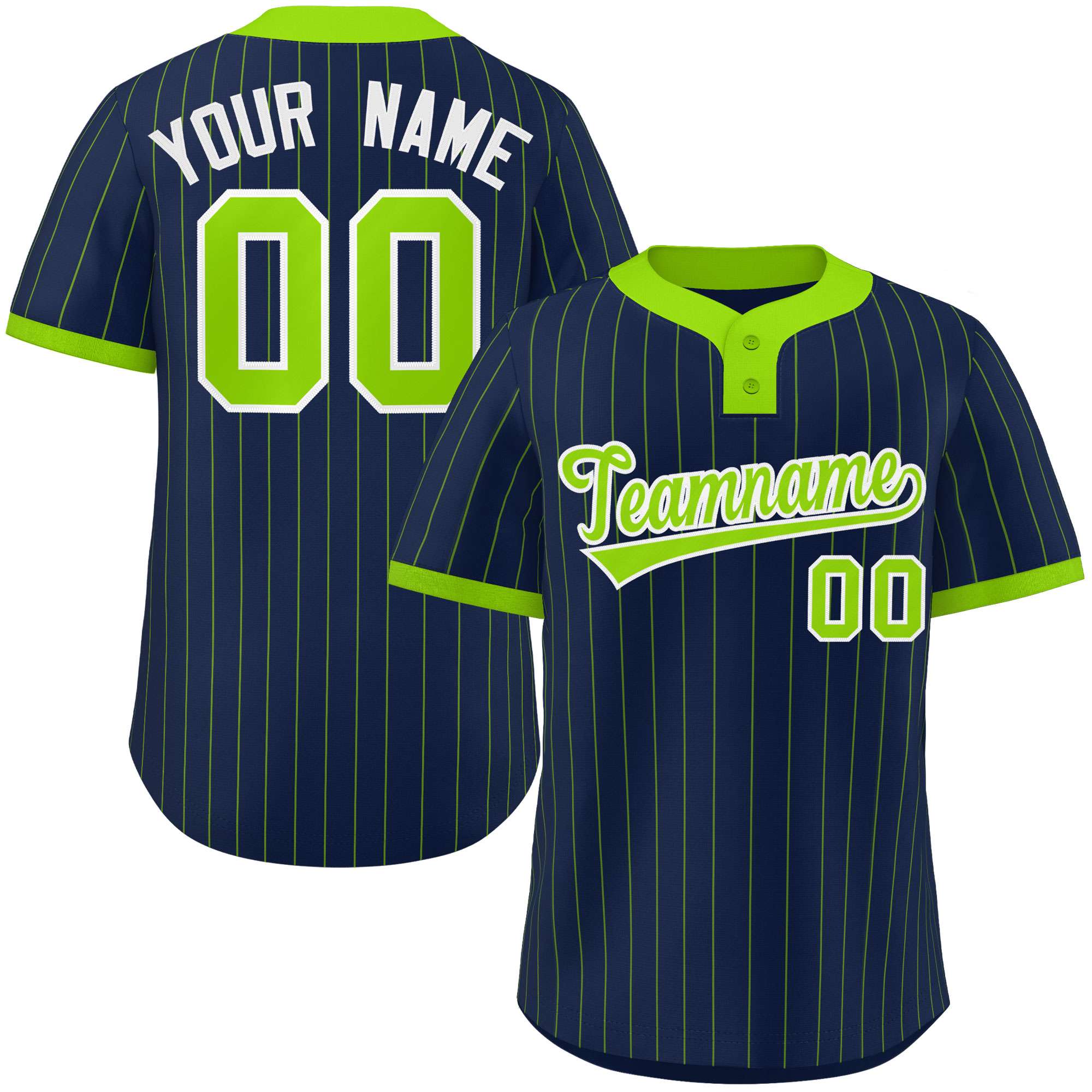 Custom Navy Neon Green Stripe Fashion Authentic Two-Button Baseball Jersey