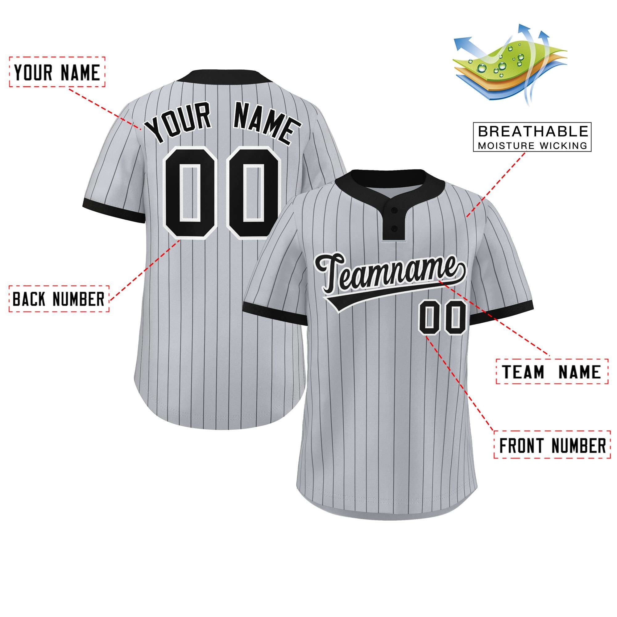 Custom Gray Black Stripe Fashion Authentic Two-Button Baseball Jersey