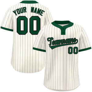 Custom Cream Green Stripe Fashion Authentic Two-Button Baseball Jersey