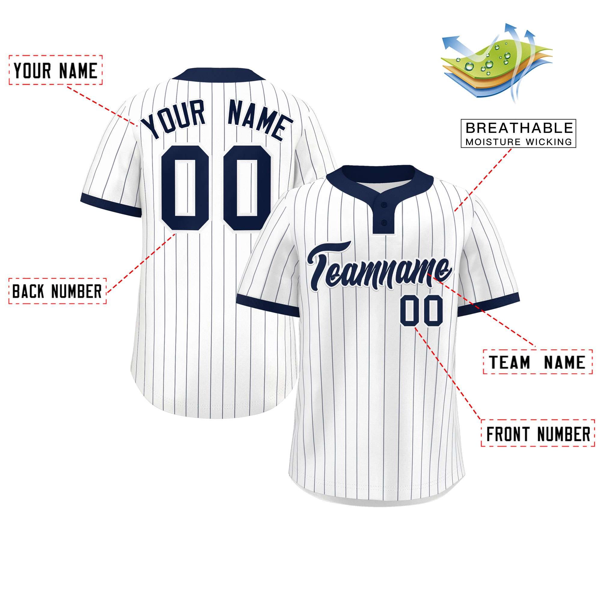 Custom White Navy Stripe Fashion Authentic Two-Button Baseball Jersey