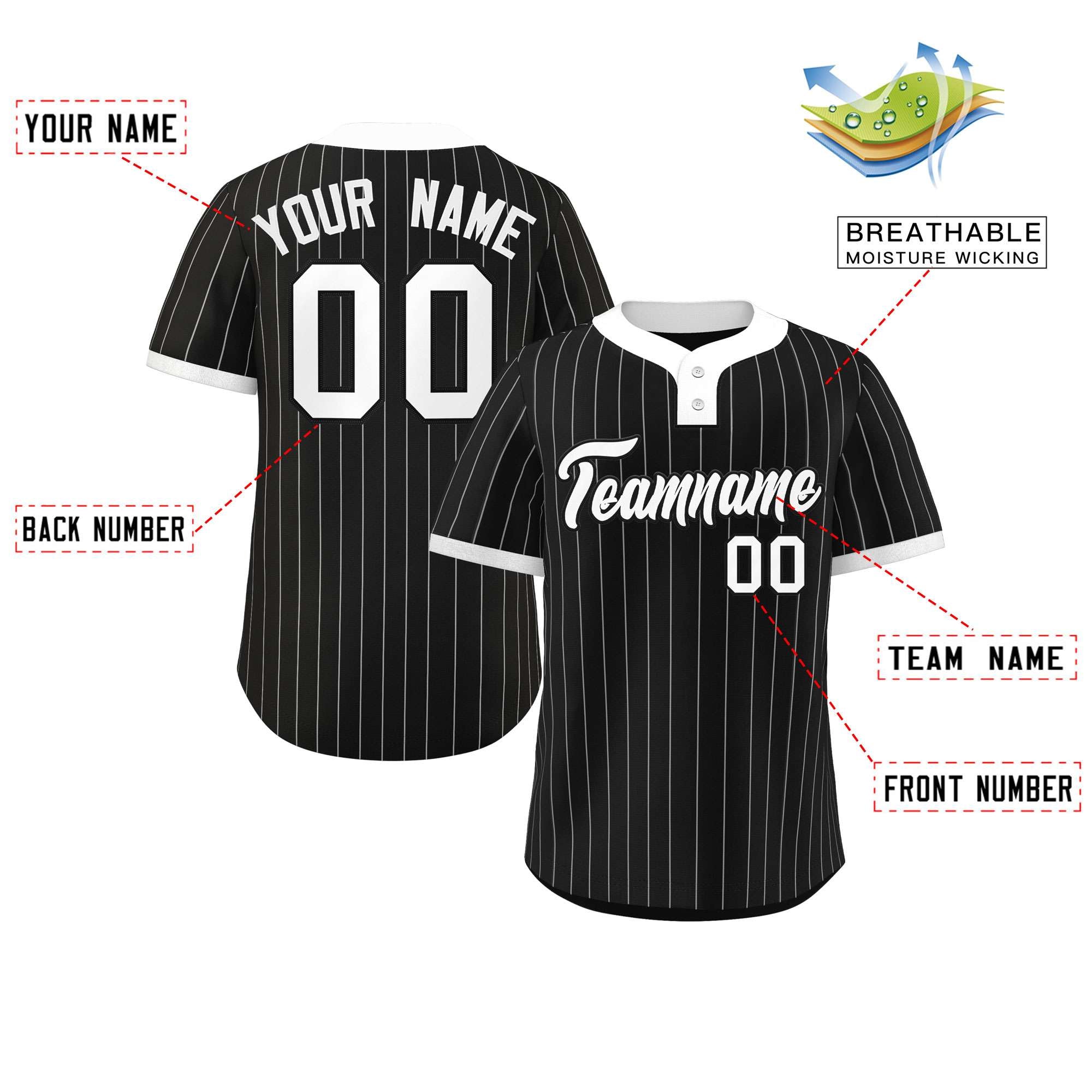 Custom Black White Stripe Fashion Authentic Two-Button Baseball Jersey