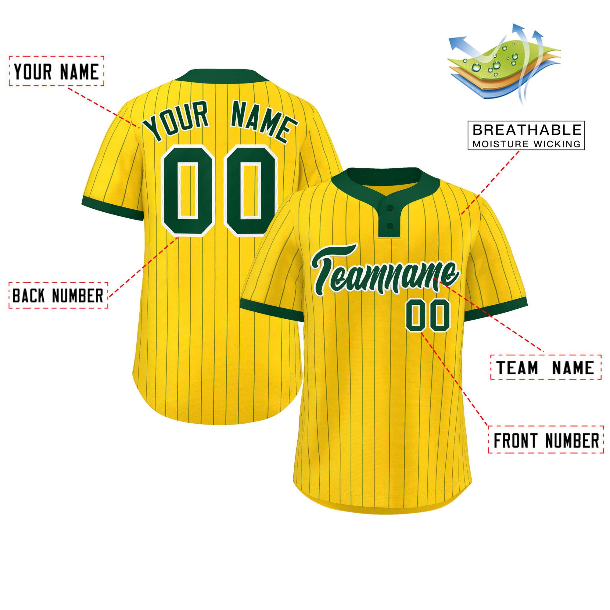 Custom Gold Green Stripe Fashion Authentic Two-Button Baseball Jersey