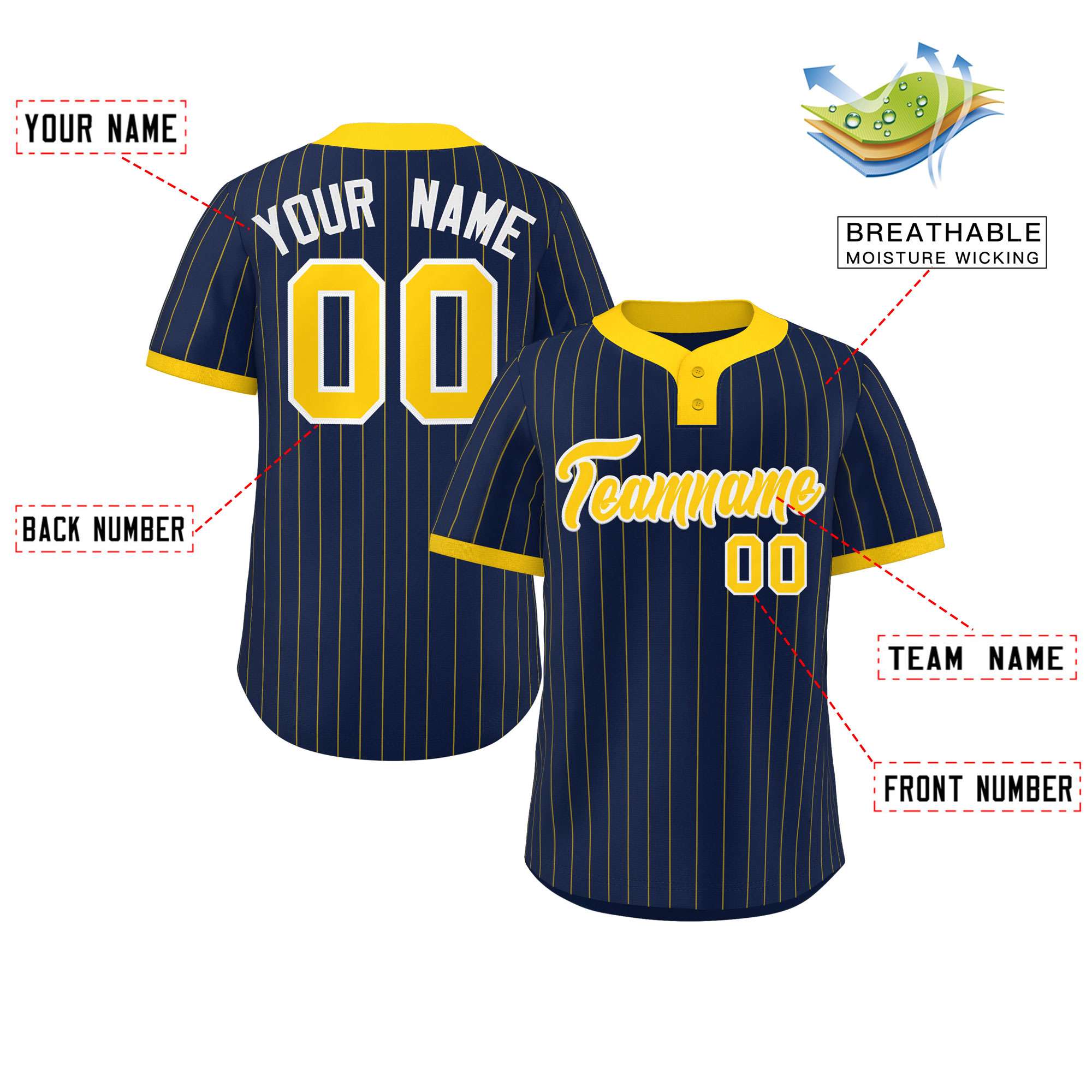 Custom Navy Gold Stripe Fashion Authentic Two-Button Baseball Jersey