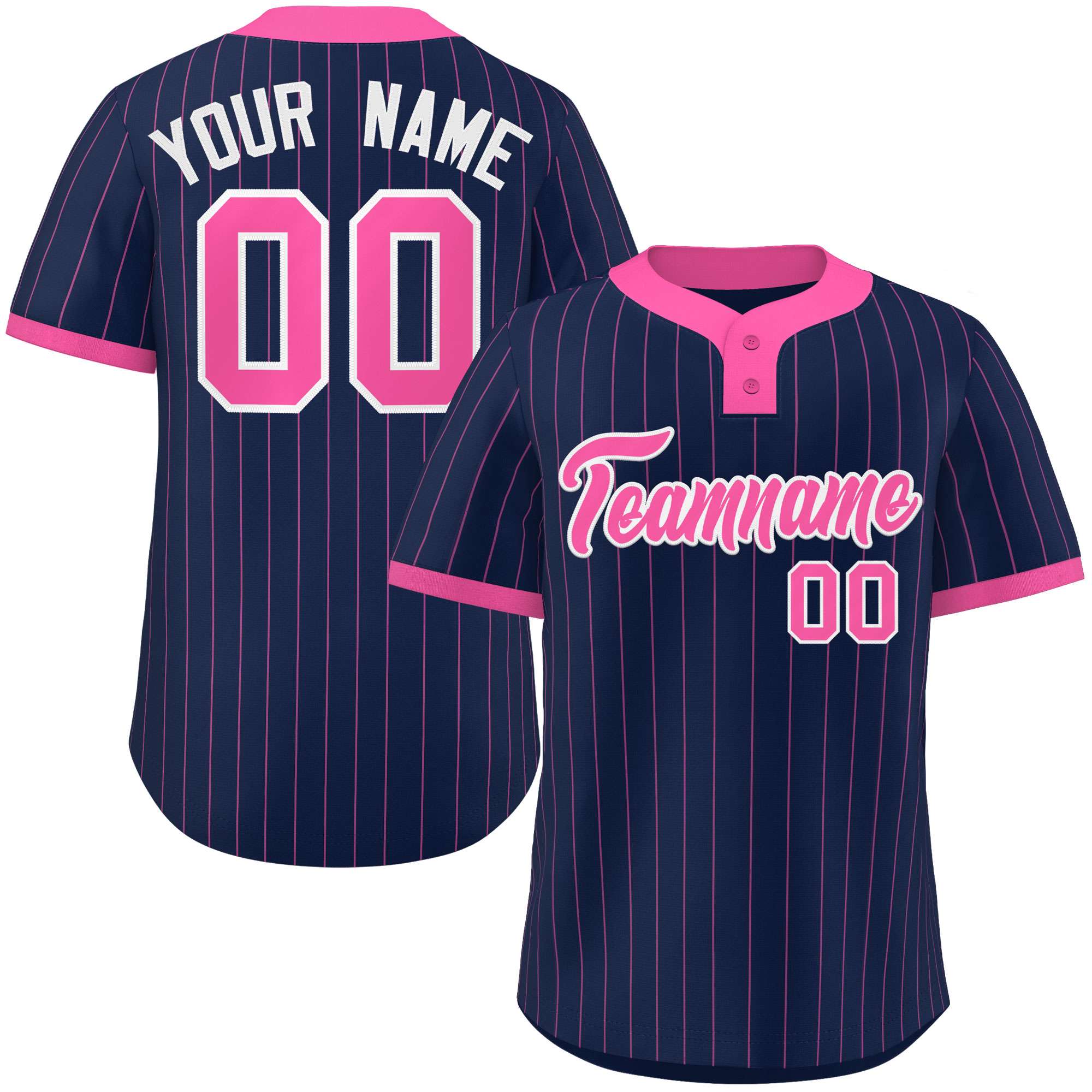 Custom Navy Pink Stripe Fashion Authentic Two-Button Baseball Jersey