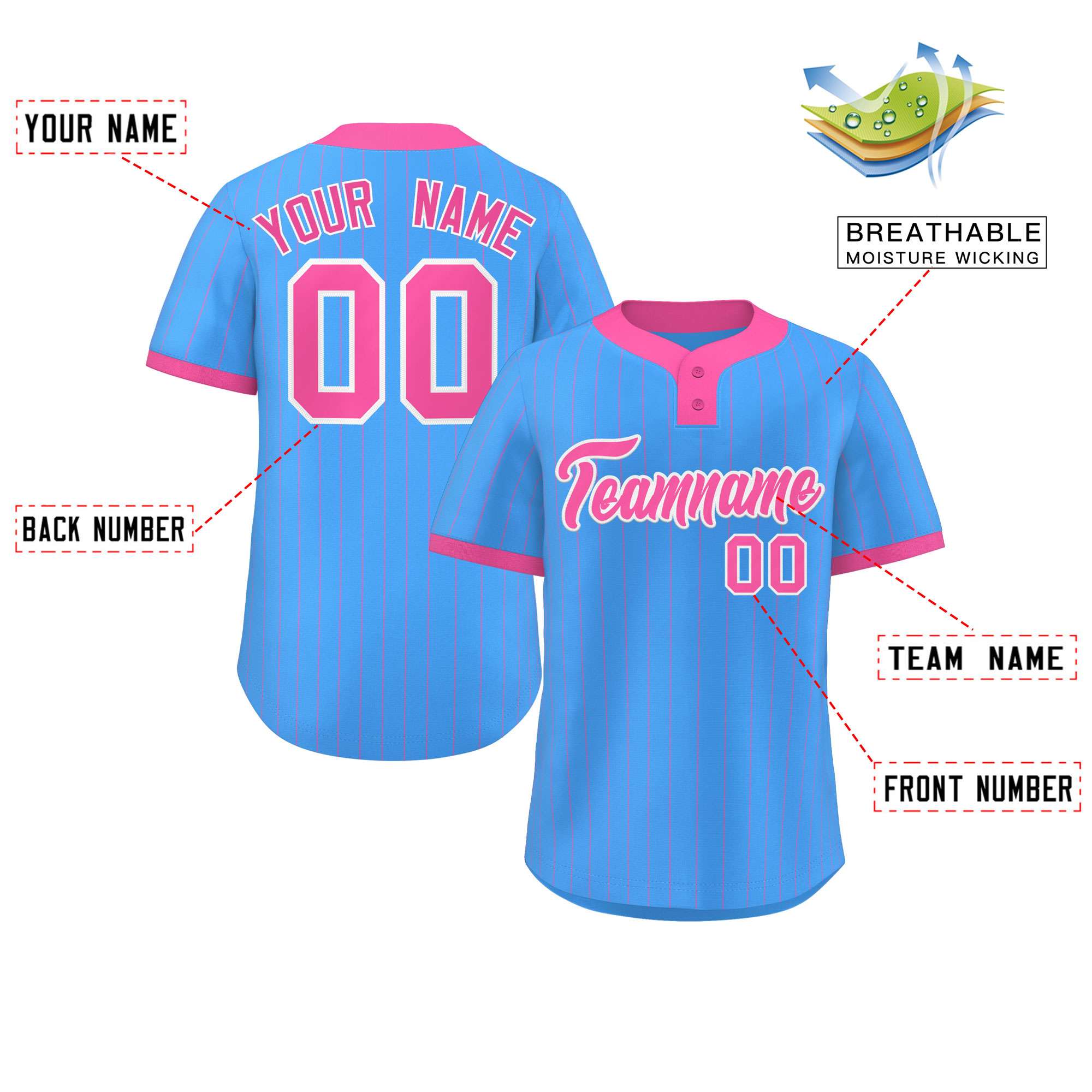 Custom Powder Blue Pink Stripe Fashion Authentic Two-Button Baseball Jersey