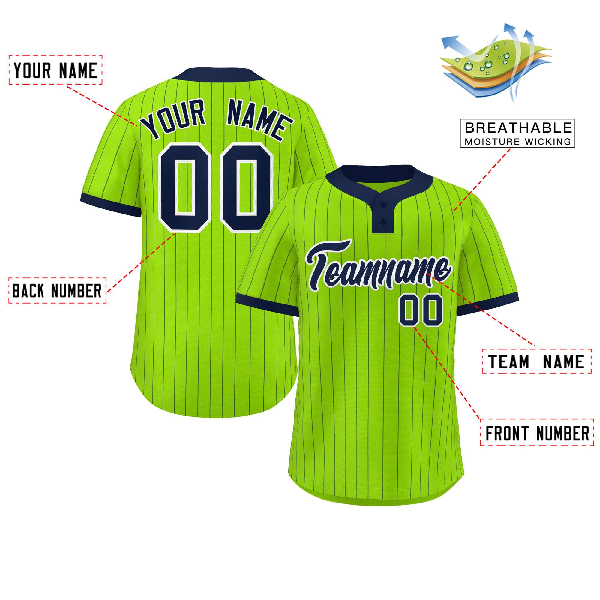 Custom Neon Green Navy Stripe Fashion Authentic Two-Button Baseball Jersey