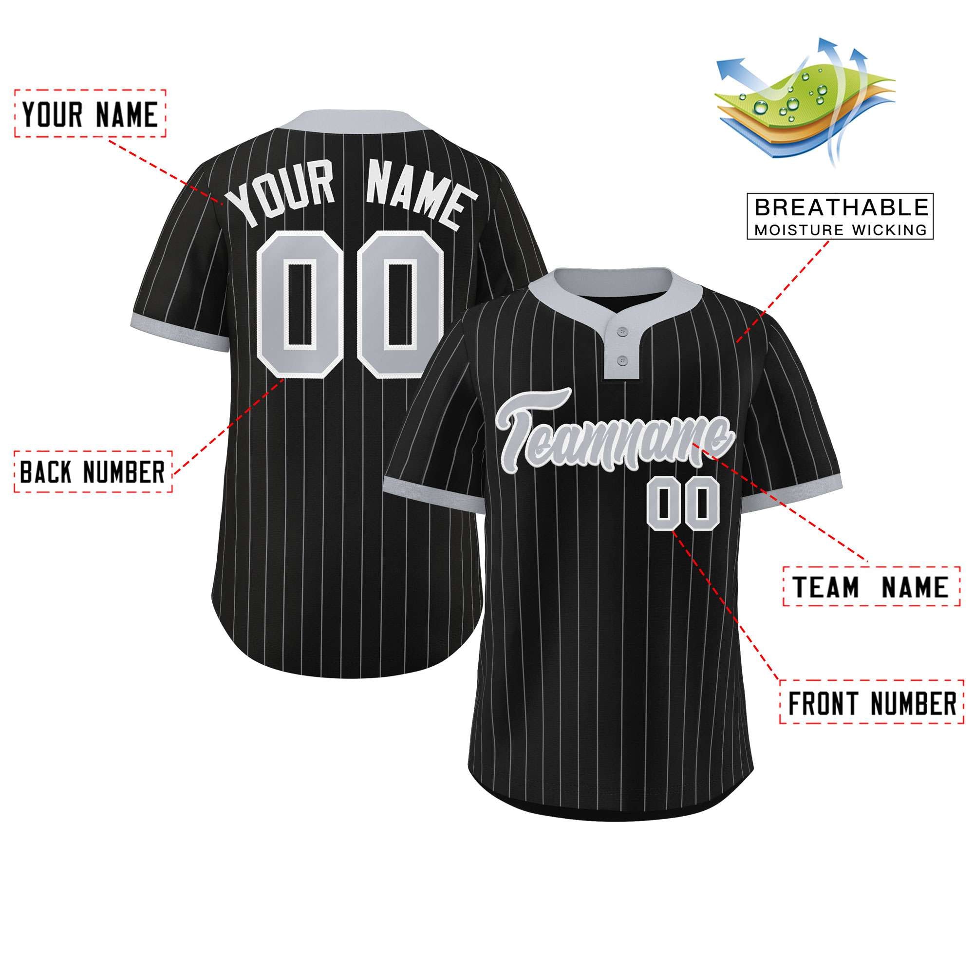 Custom Black Gray Stripe Fashion Authentic Two-Button Baseball Jersey