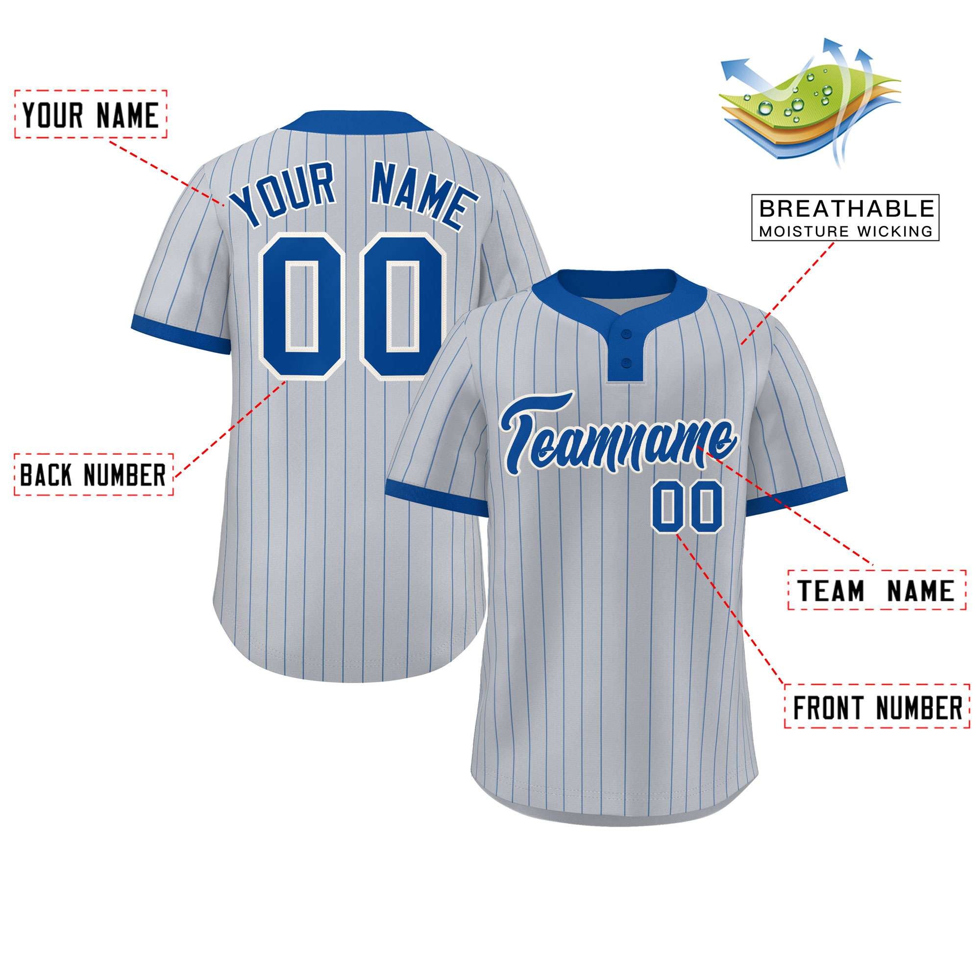 Custom Gray Royal Stripe Fashion Authentic Two-Button Baseball Jersey