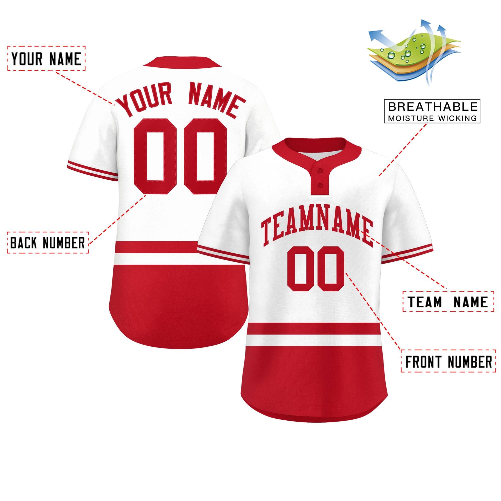 Custom White Red Color Block Personalized Authentic Two-Button Baseball Jersey