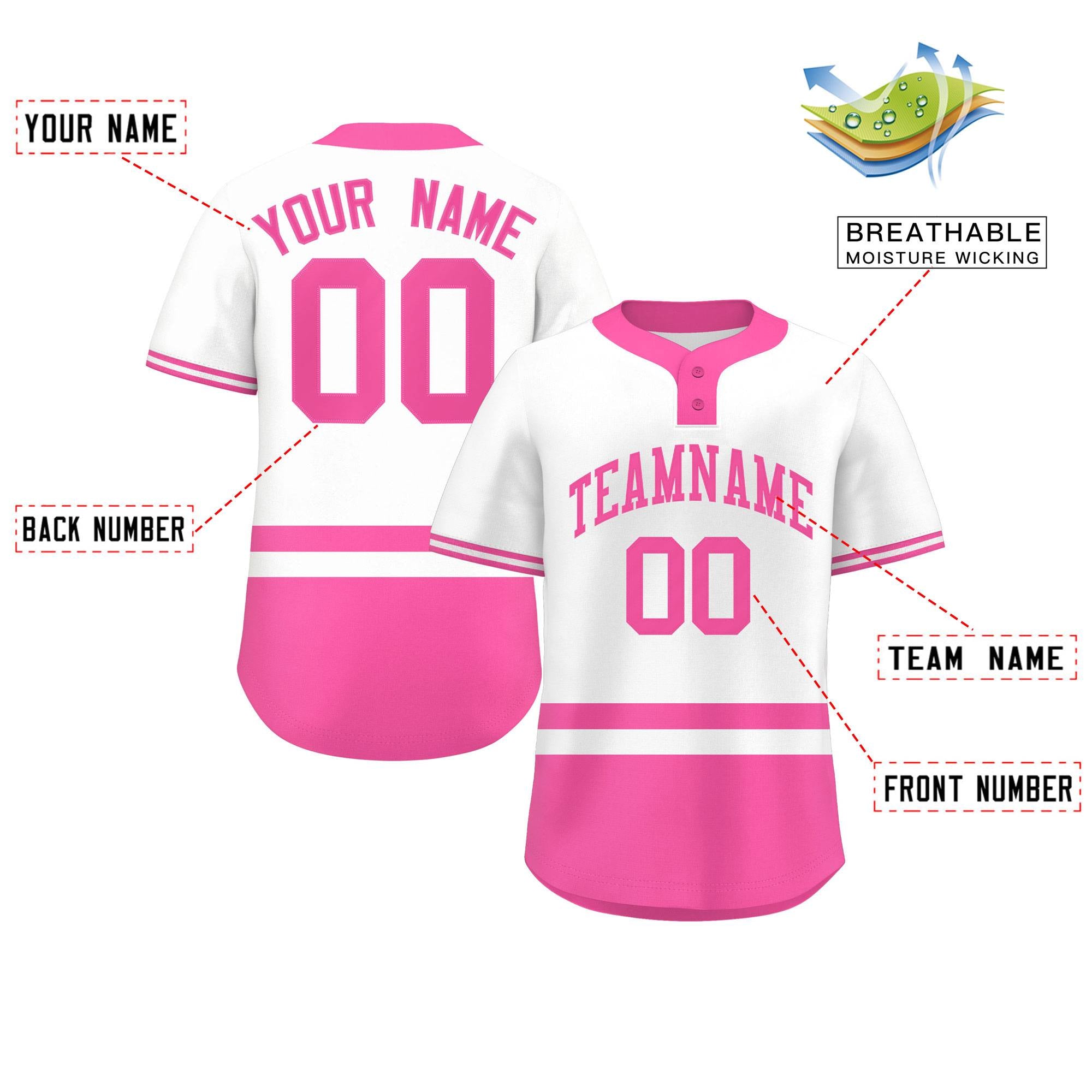 Custom White Pink Color Block Personalized Authentic Two-Button Baseball Jersey